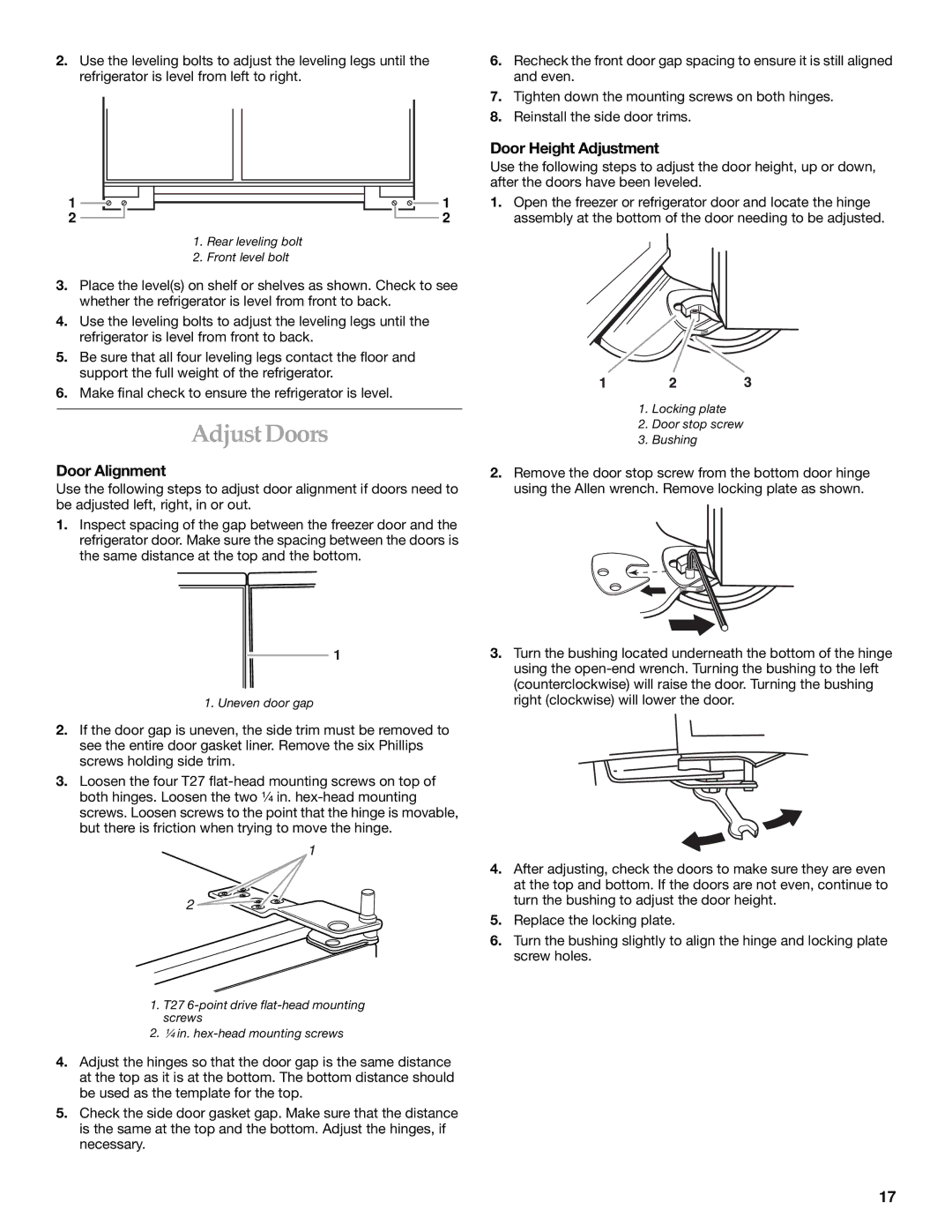 KitchenAid 2266877 manual Adjust Doors, Door Alignment, Door Height Adjustment 