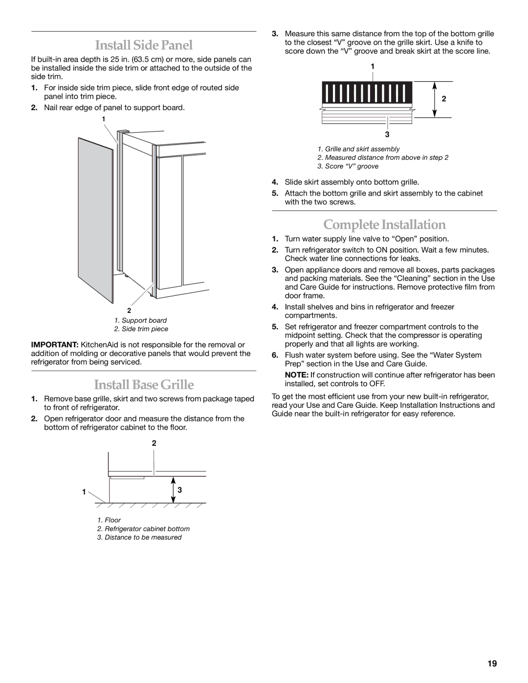 KitchenAid 2266877 manual Install Side Panel, Install Base Grille, Complete Installation 