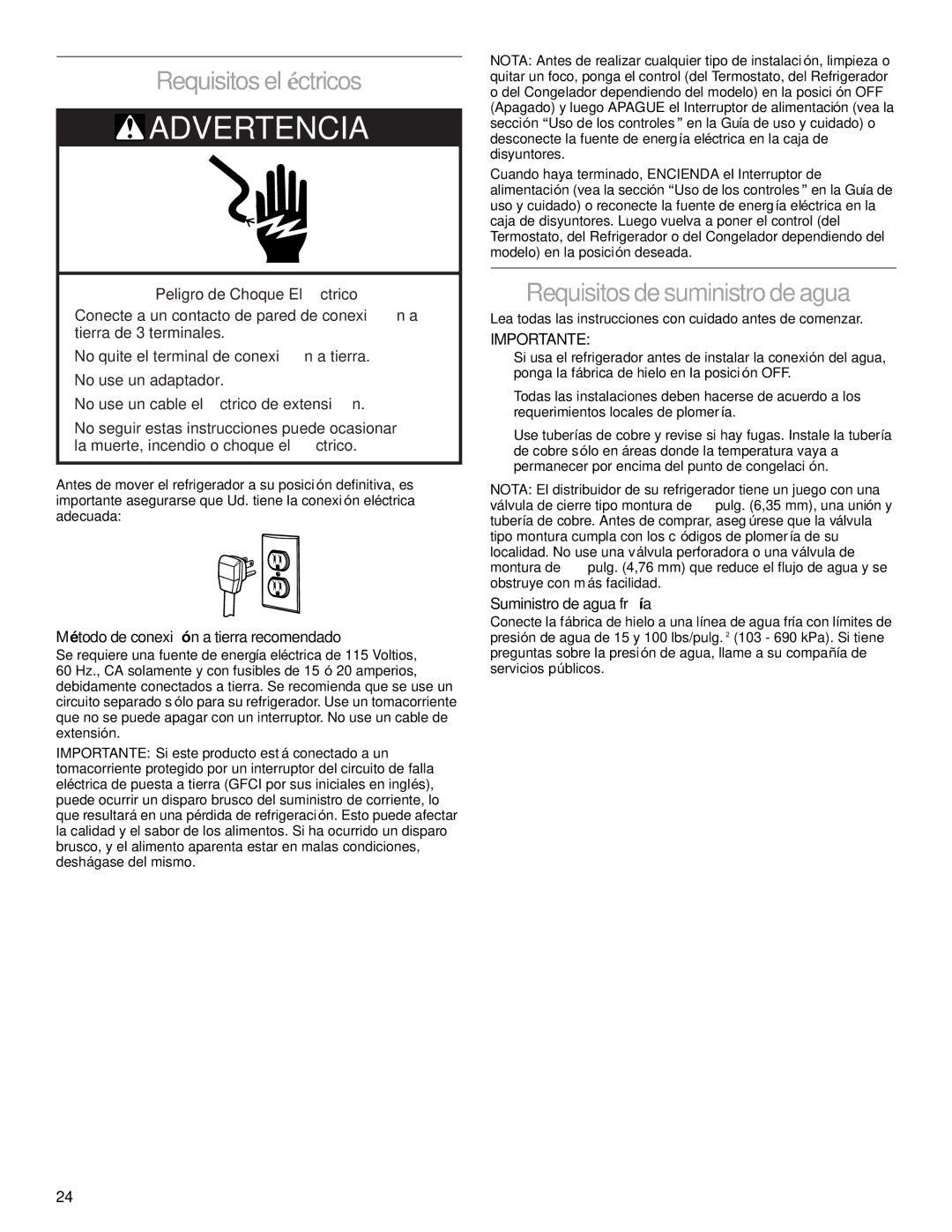 KitchenAid 2266877 manual Requisitos eléctricos, Requisitos de suministro de agua, Método de conexión a tierra recomendado 