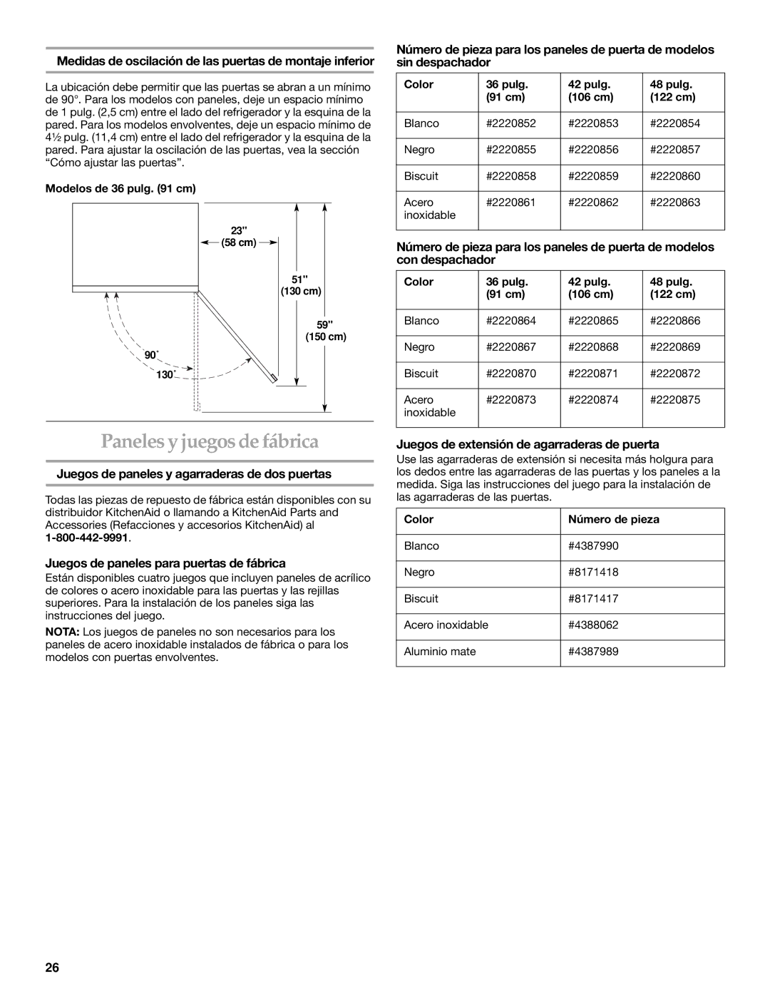 KitchenAid 2266877 manual Paneles y juegos de fábrica, Medidas de oscilación de las puertas de montaje inferior 