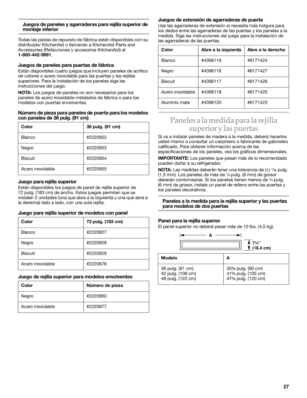 KitchenAid 2266877 manual Paneles a la medida para la rejilla Superior y las puertas, Juego para rejilla superior 