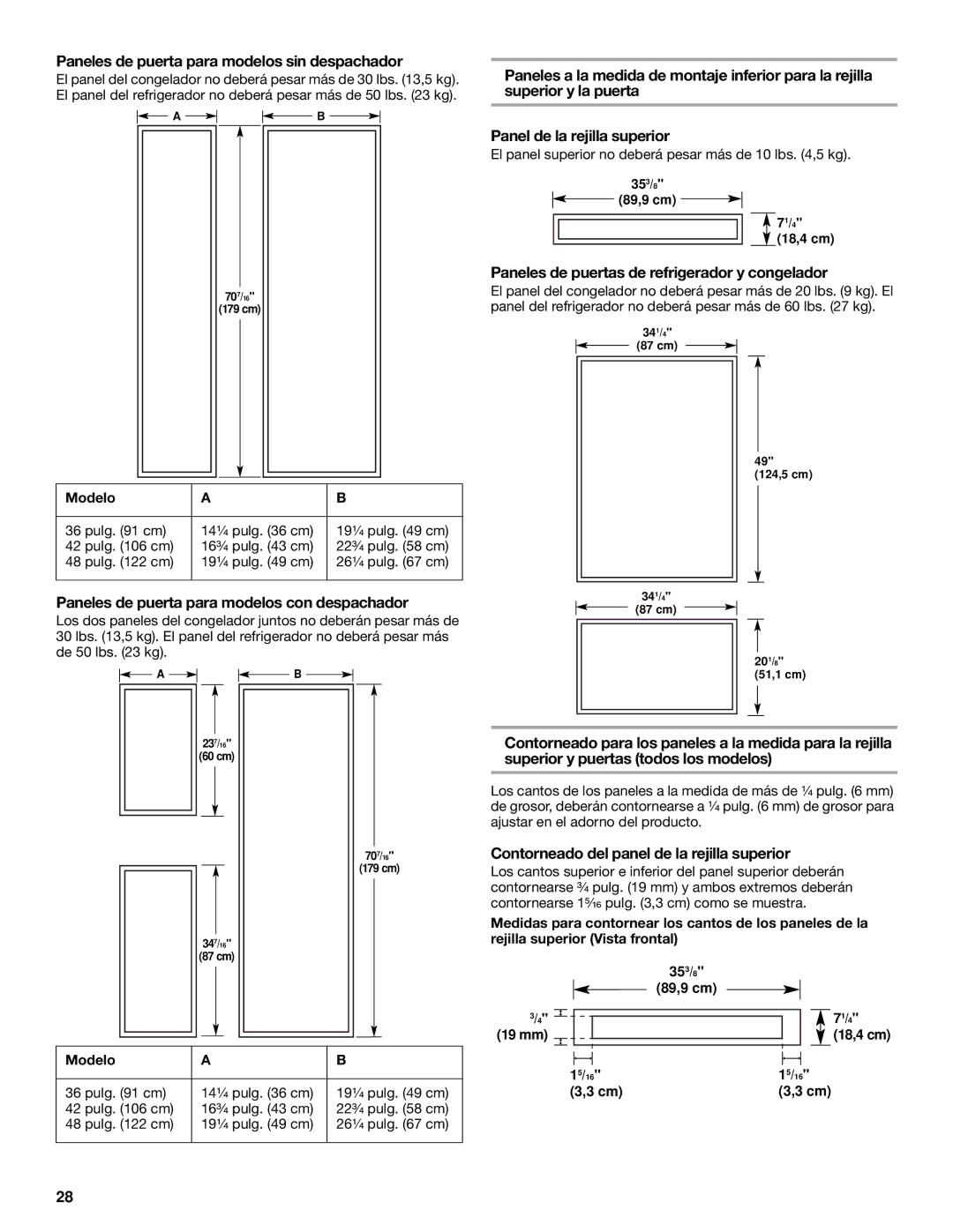 KitchenAid 2266877 manual Paneles de puerta para modelos sin despachador, Paneles de puerta para modelos con despachador 