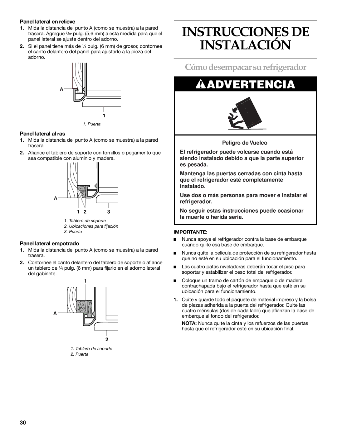 KitchenAid 2266877 manual Instrucciones DE Instalación, Cómo desempacar su refrigerador, Panel lateral en relieve 