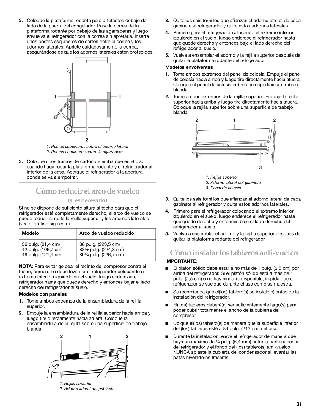 KitchenAid 2266877 Cómo reducir el arco de vuelco, Cómo instalar los tableros anti-vuelco, Modelo Arco de vuelco reducido 