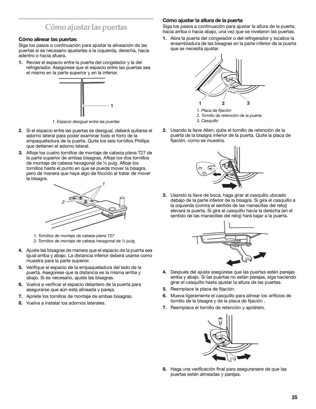 KitchenAid 2266877 manual Cómo ajustar las puertas, Cómo alinear las puertas, Cómo ajustar la altura de la puerta 