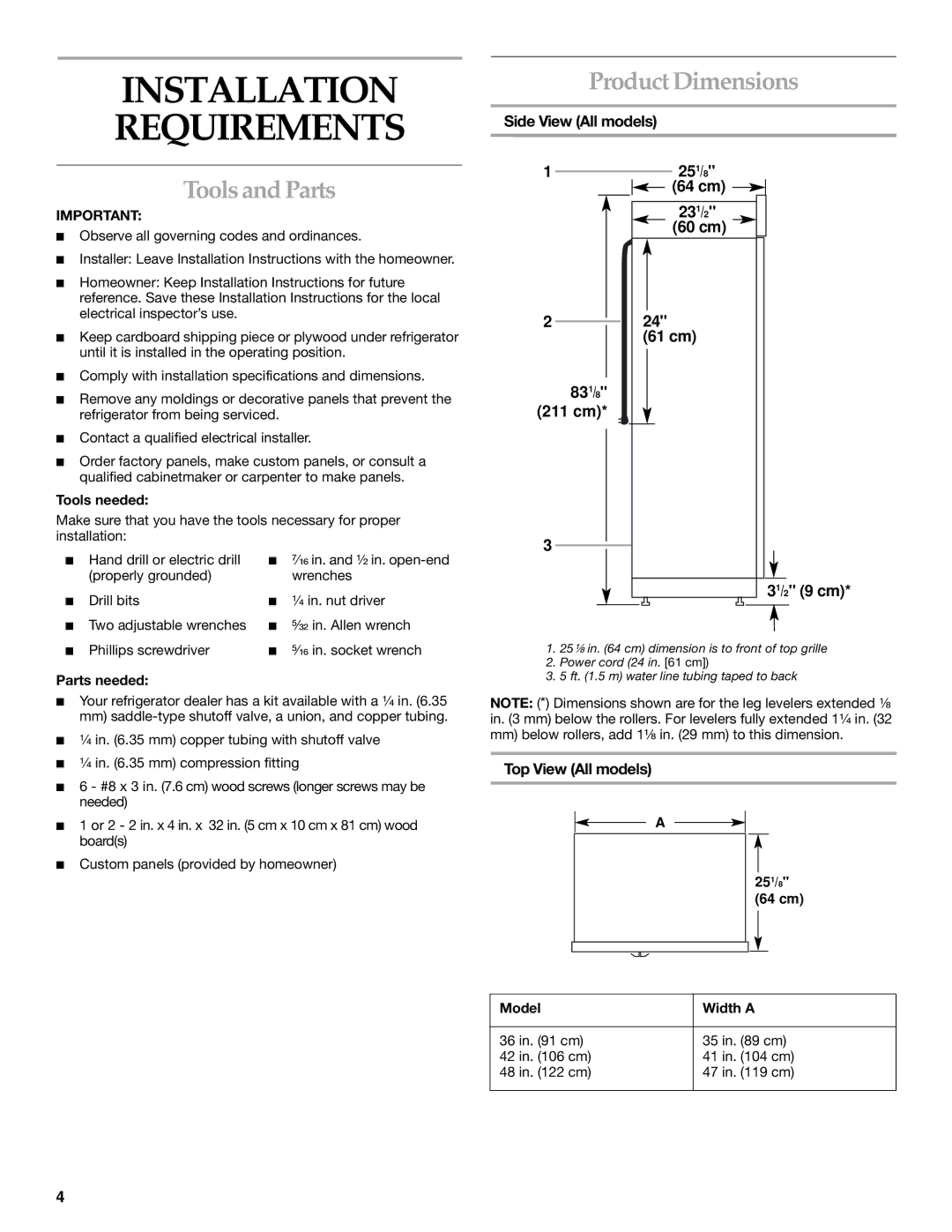 KitchenAid 2266877 manual Product Dimensions, Tools and Parts, Side View All models, Top View All models 