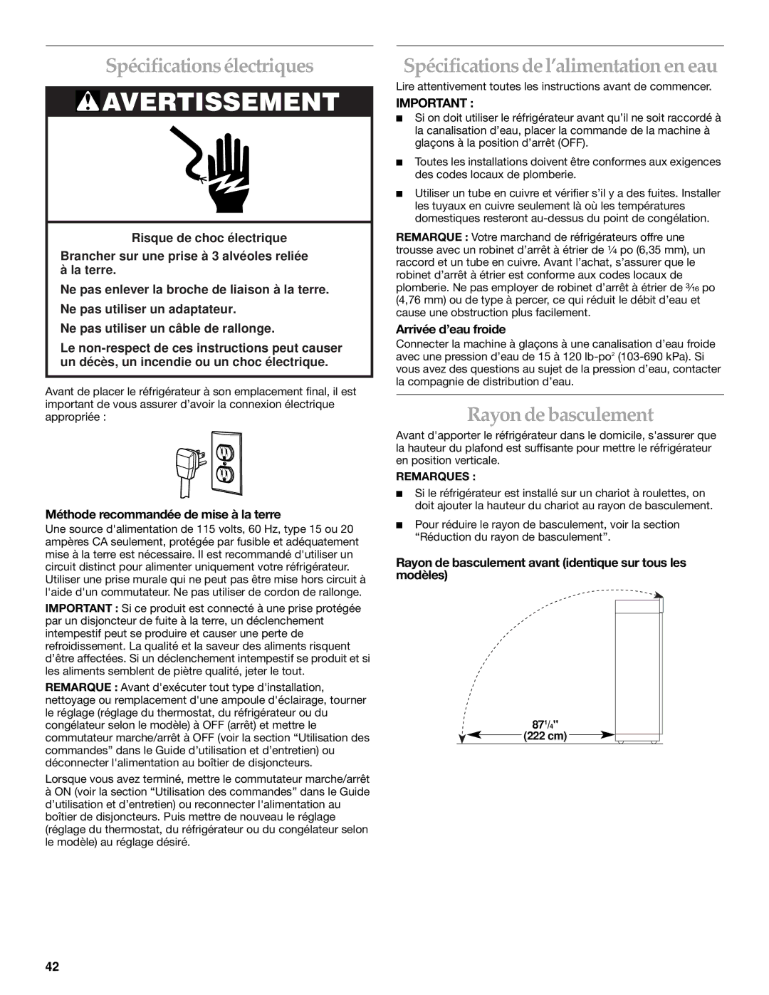 KitchenAid 2266877 manual Spécifications électriques, Spécifications de l’alimentation en eau, Rayon de basculement 