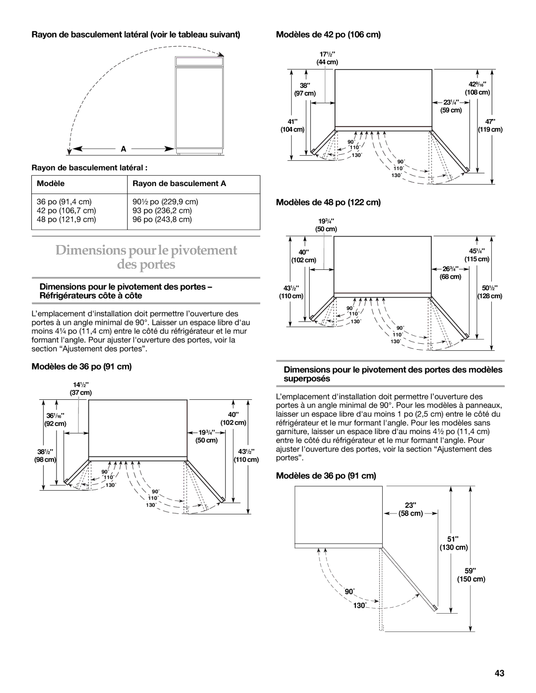 KitchenAid 2266877 manual Dimensions pour le pivotement Des portes, Rayon de basculement latéral voir le tableau suivant 