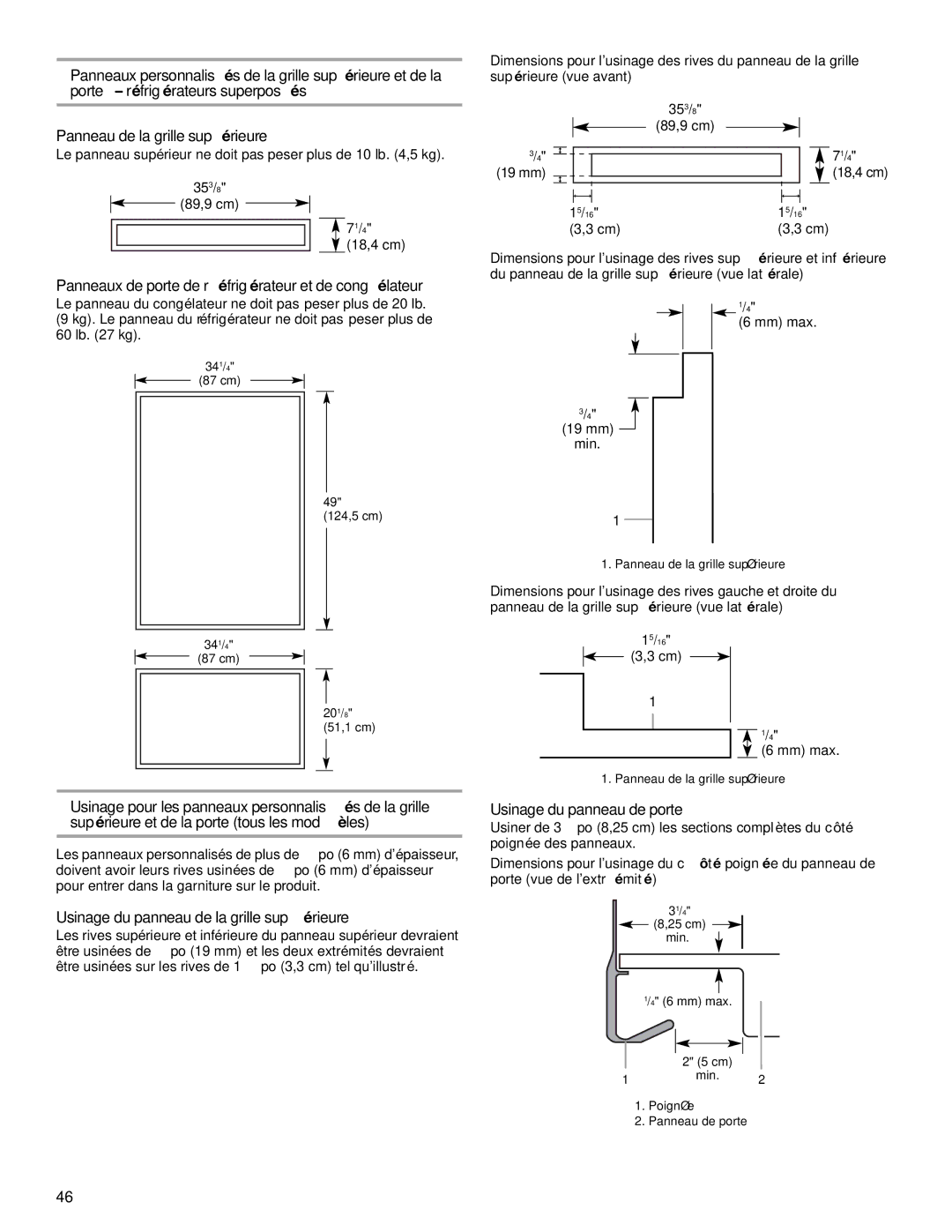 KitchenAid 2266877 manual Panneaux de porte de réfrigérateur et de congélateur, Usinage du panneau de la grille supérieure 