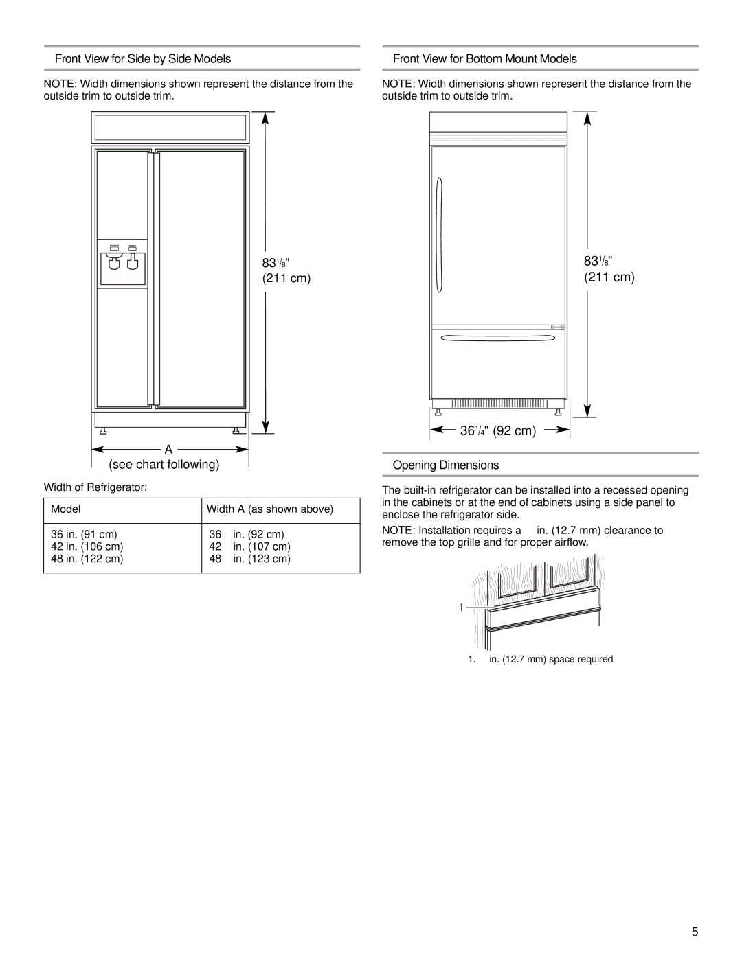 KitchenAid 2266877 manual Opening Dimensions, Width of Refrigerator Model Width a as shown above 