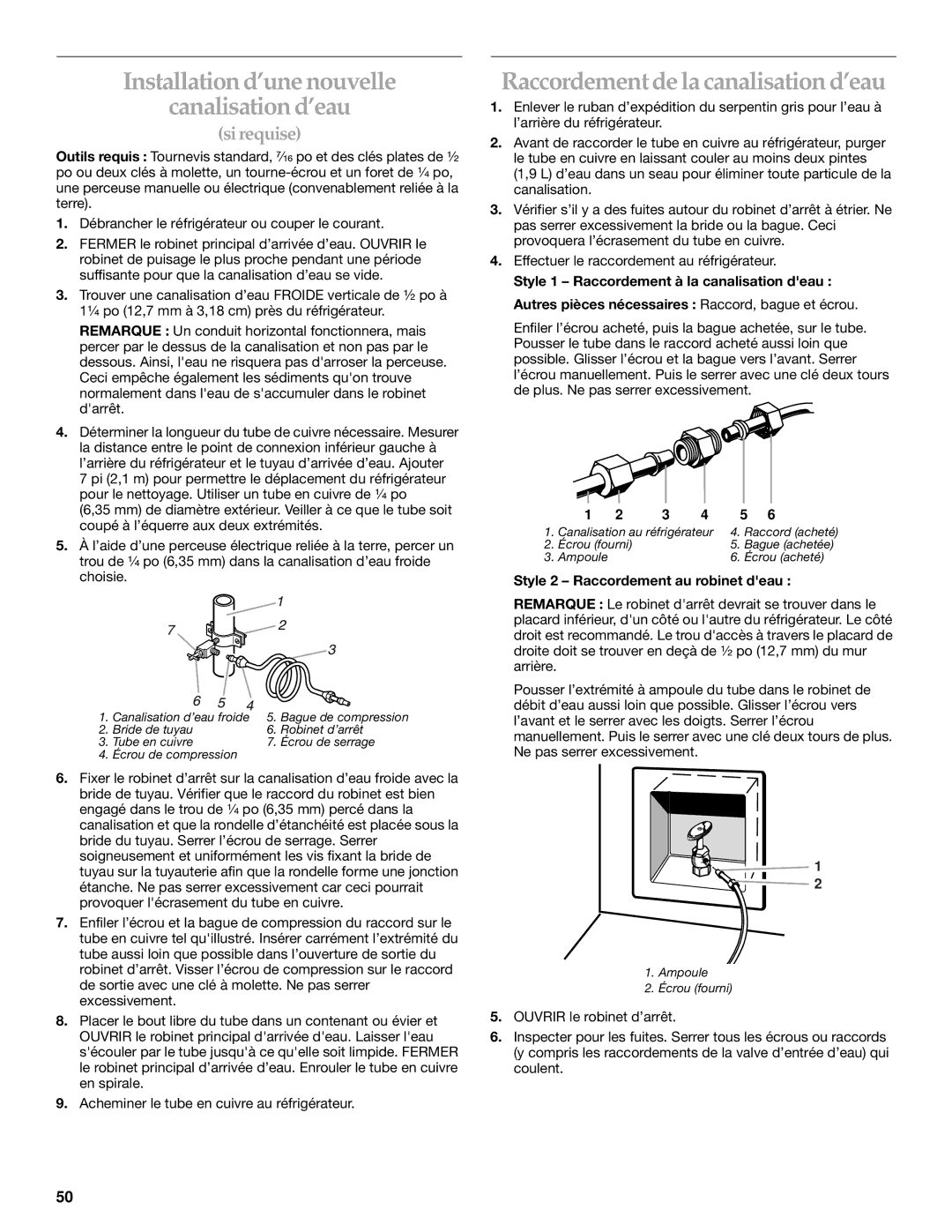 KitchenAid 2266877 manual Installation d’une nouvelle Canalisation d’eau, Raccordement de la canalisation d’eau 