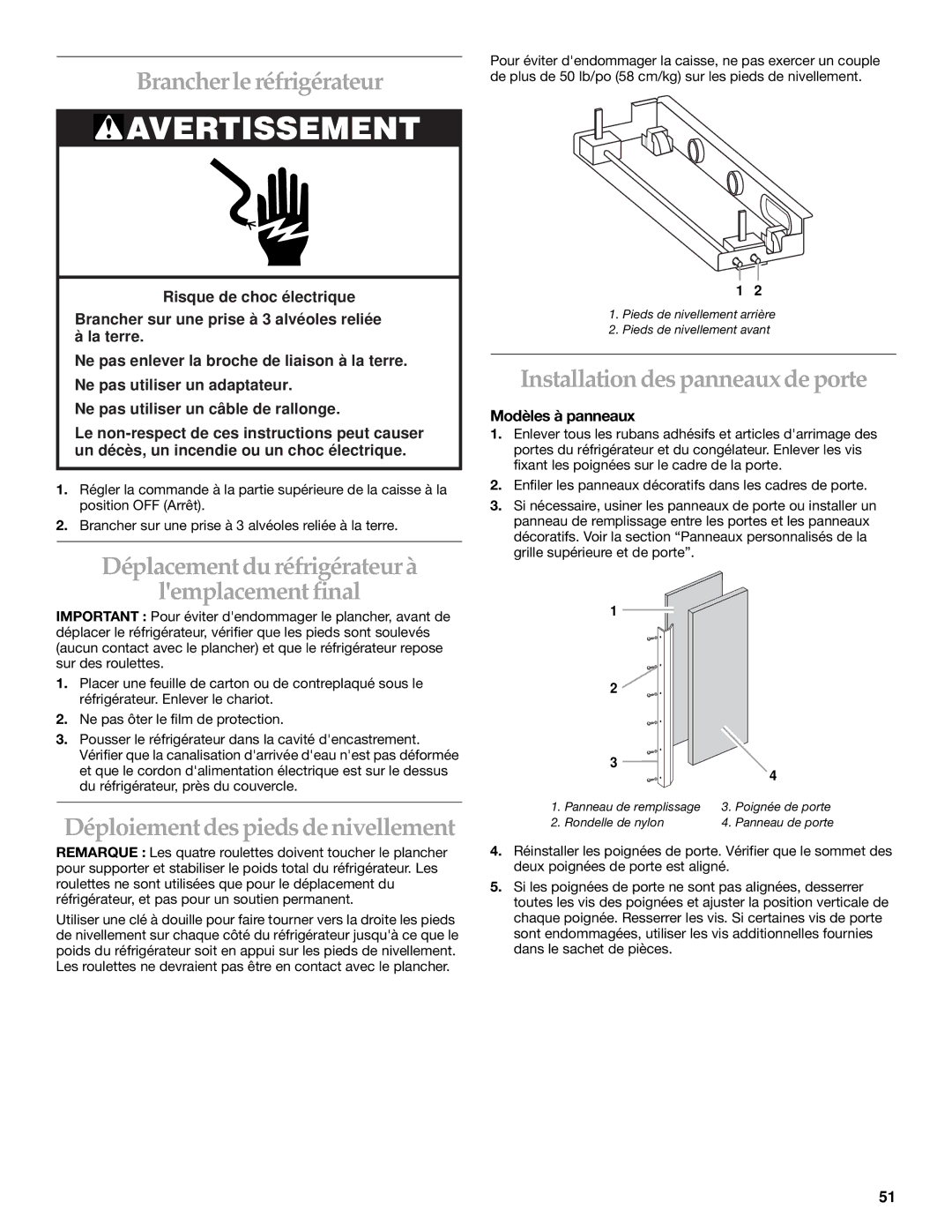 KitchenAid 2266877 manual Brancher le réfrigérateur, Déplacement du réfrigérateur à Lemplacement final, Modèles à panneaux 