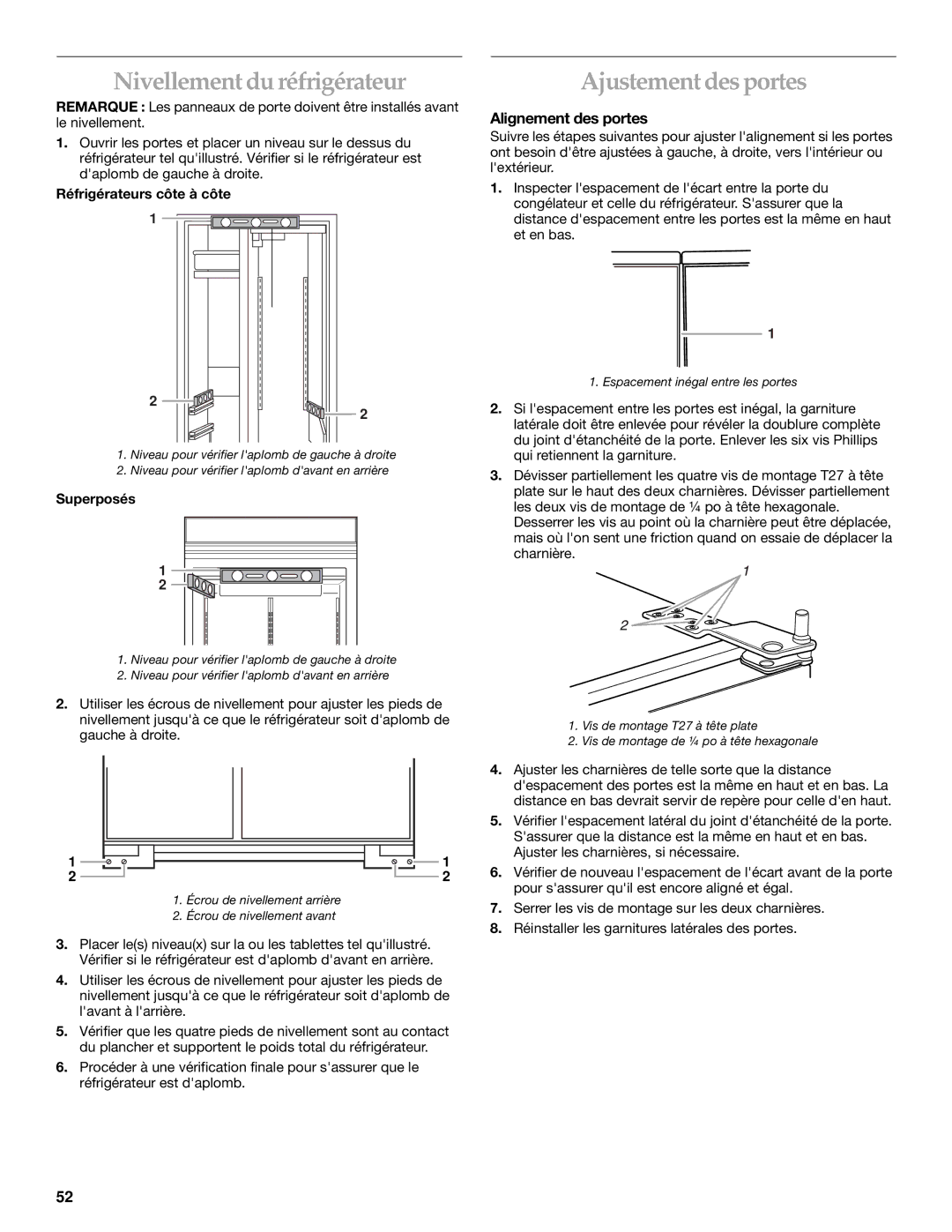 KitchenAid 2266877 Nivellement du réfrigérateur, Ajustement des portes, Alignement des portes, Réfrigérateurs côte à côte 