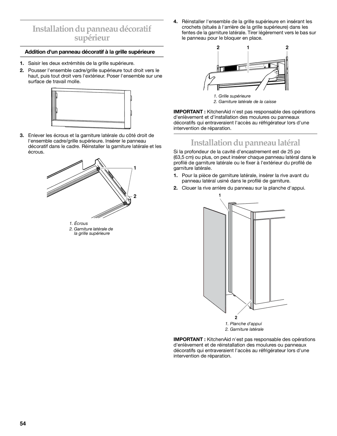 KitchenAid 2266877 manual Installation du panneau décoratif Supérieur, Installation du panneau latéral 