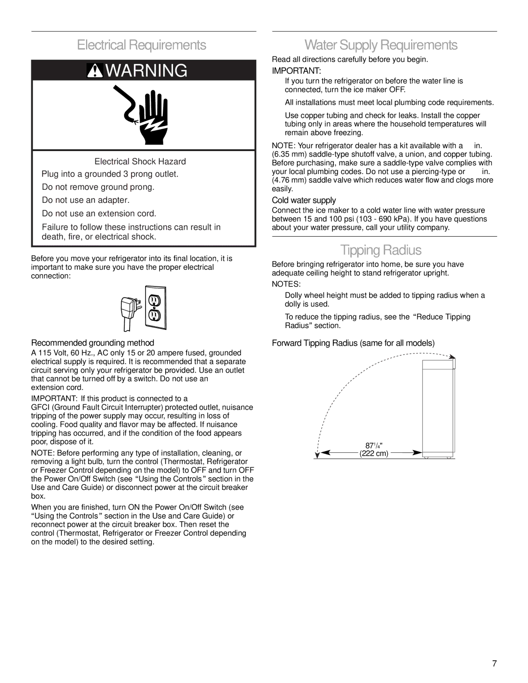 KitchenAid 2266877 manual Electrical Requirements, Water Supply Requirements, Tipping Radius 