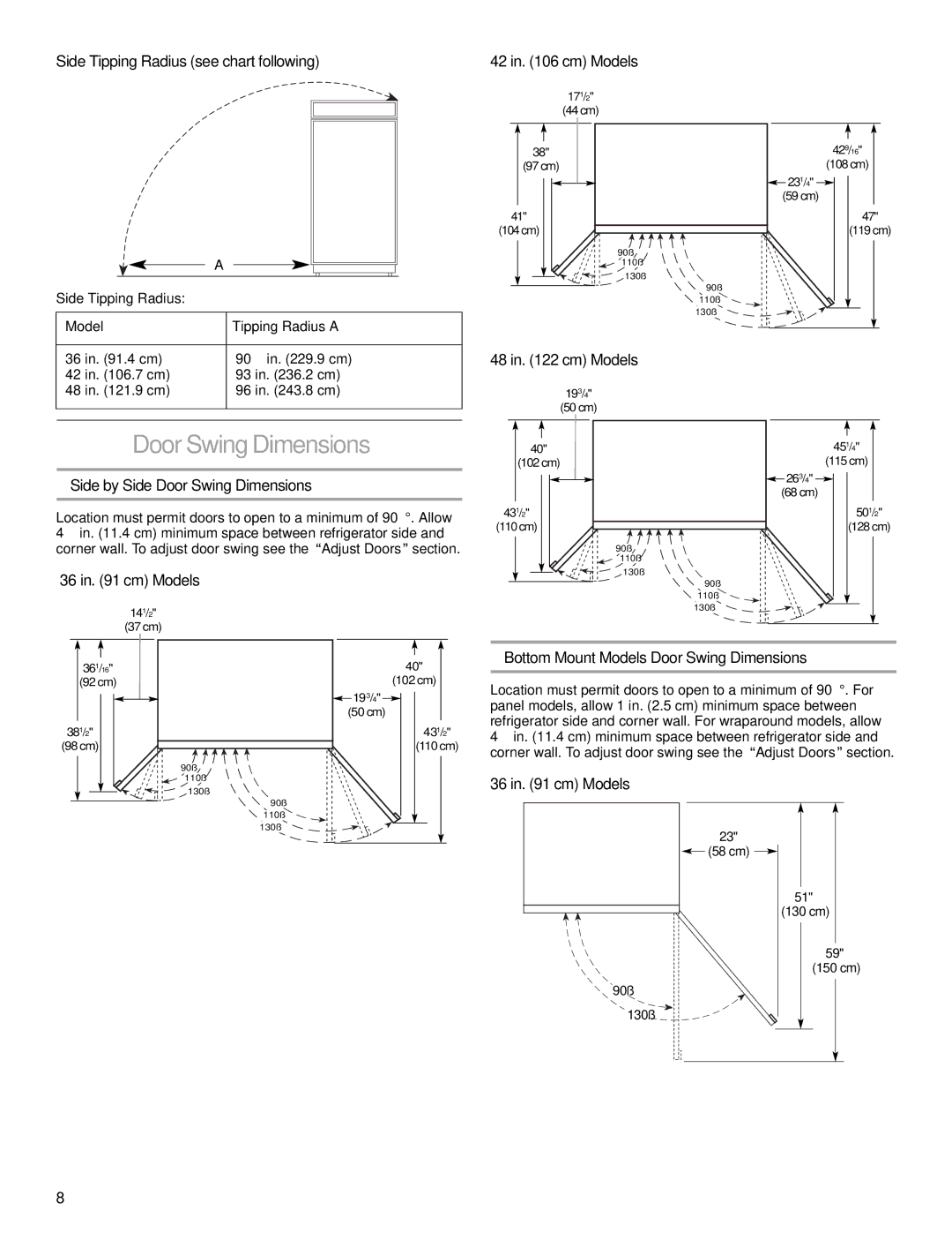 KitchenAid 2266877 manual Side Tipping Radius see chart following, Side by Side Door Swing Dimensions, Cm Models 