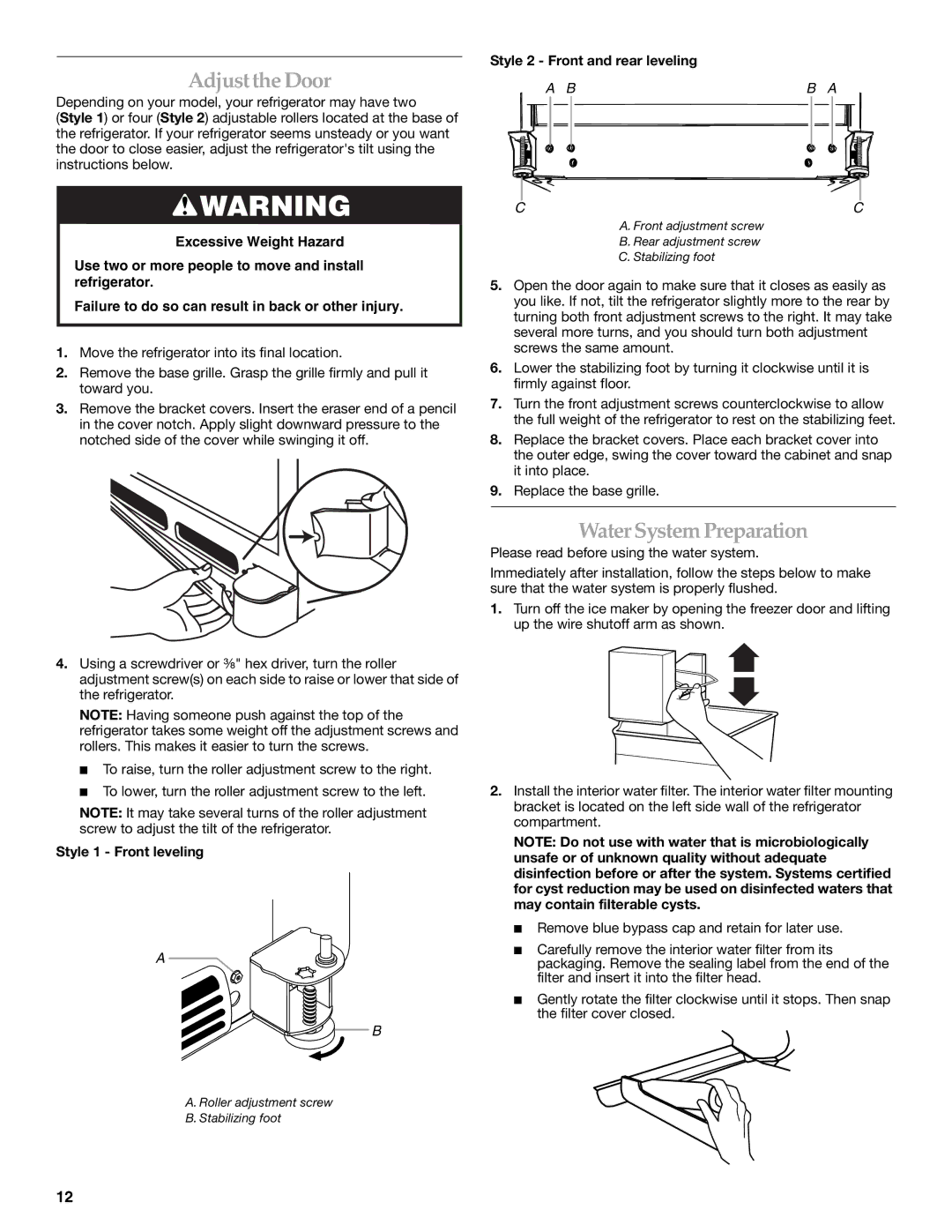 KitchenAid 2300262 manual Adjustthe Door, Water System Preparation, Style 1 Front leveling, Style 2 Front and rear leveling 