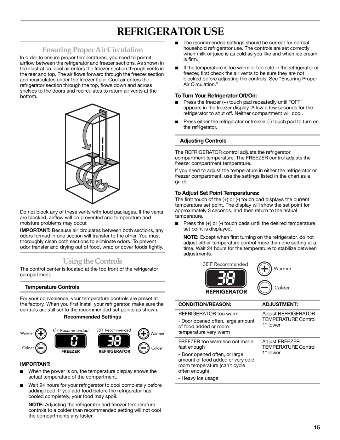 KitchenAid 12828134, 2300262 manual Refrigerator USE, Ensuring Proper Air Circulation, Usingthe Controls 