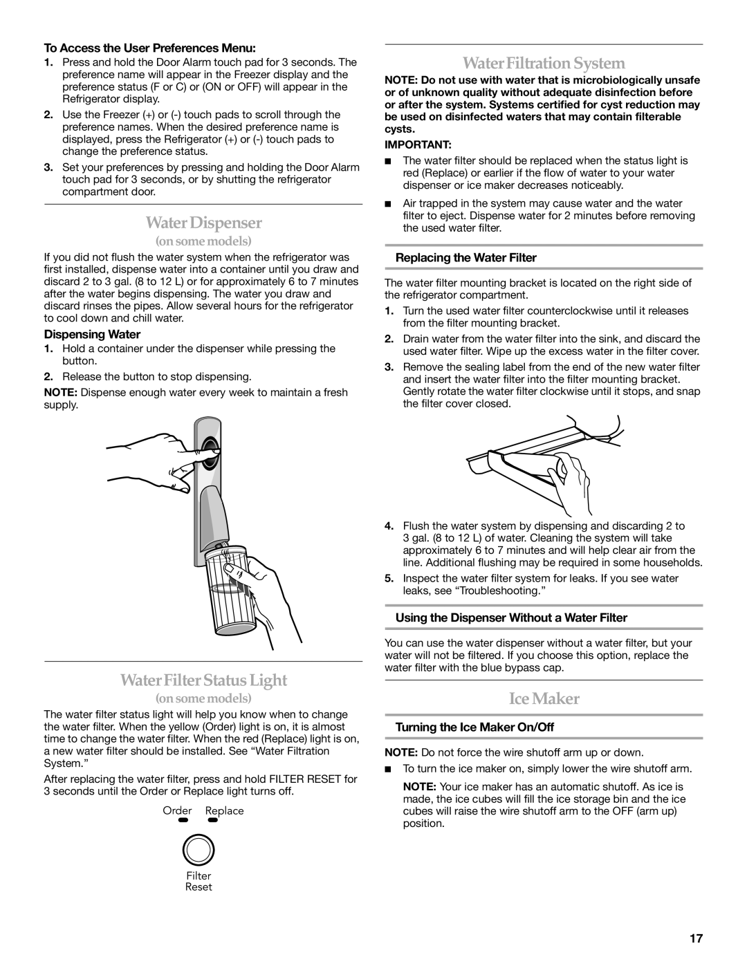 KitchenAid 12828134, 2300262 manual Water Dispenser, WaterFilter Status Light, WaterFiltration System, Ice Maker 