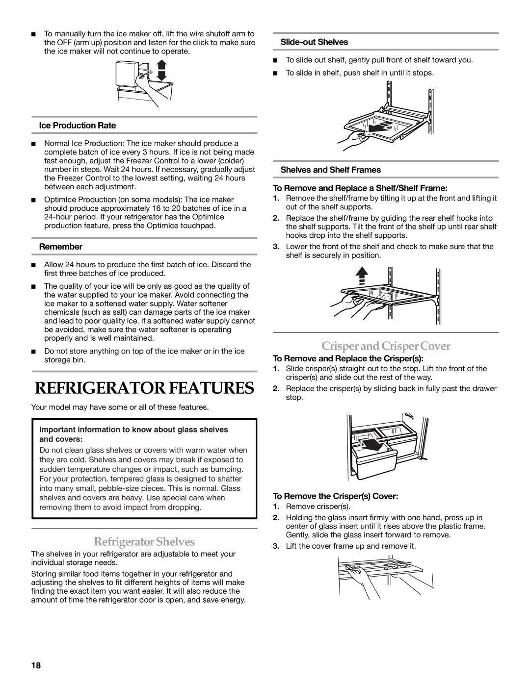 KitchenAid 2300262, 12828134 manual Refrigerator Shelves, Crisper and Crisper Cover 