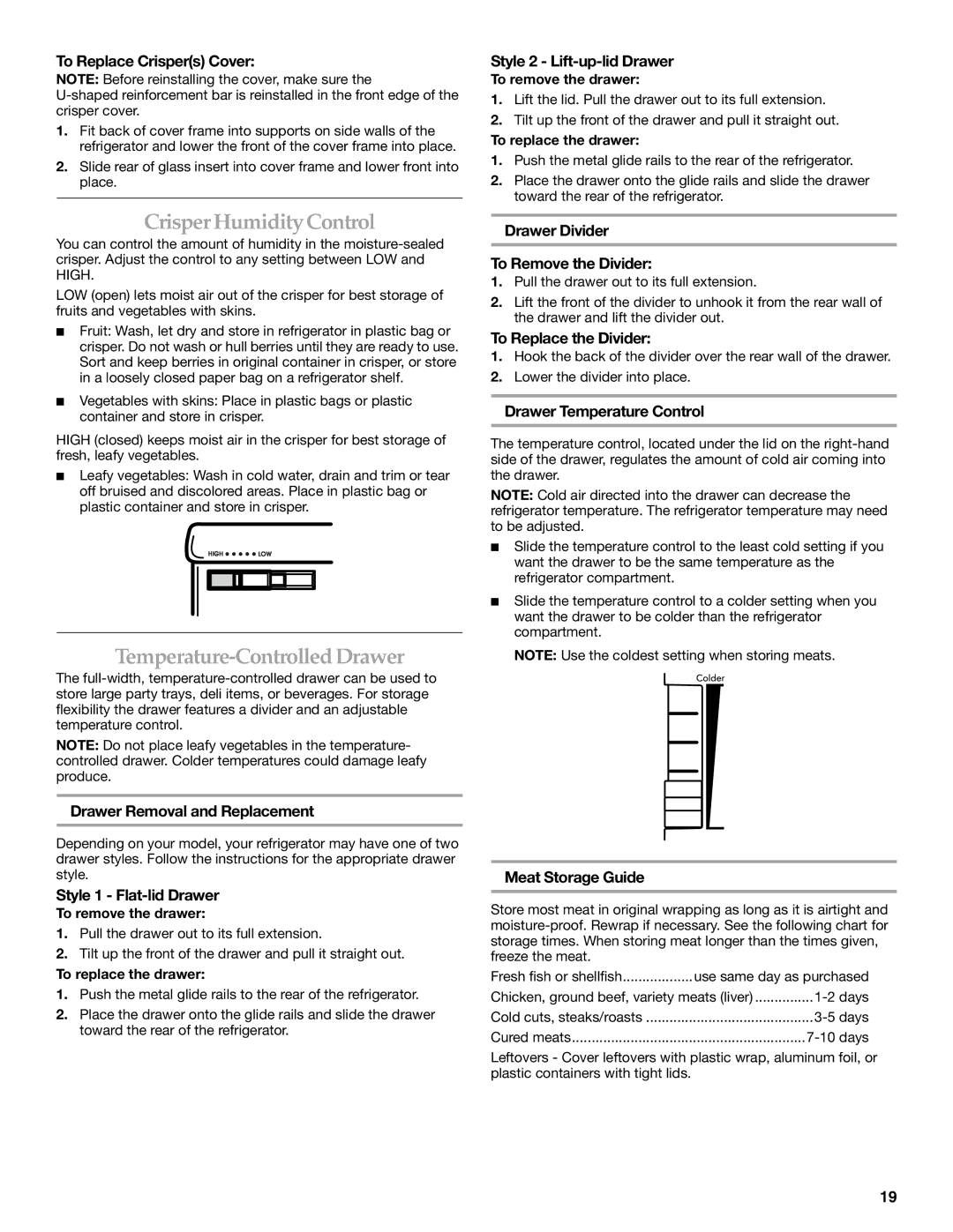 KitchenAid 12828134, 2300262 manual Crisper HumidityControl, Temperature-Controlled Drawer 