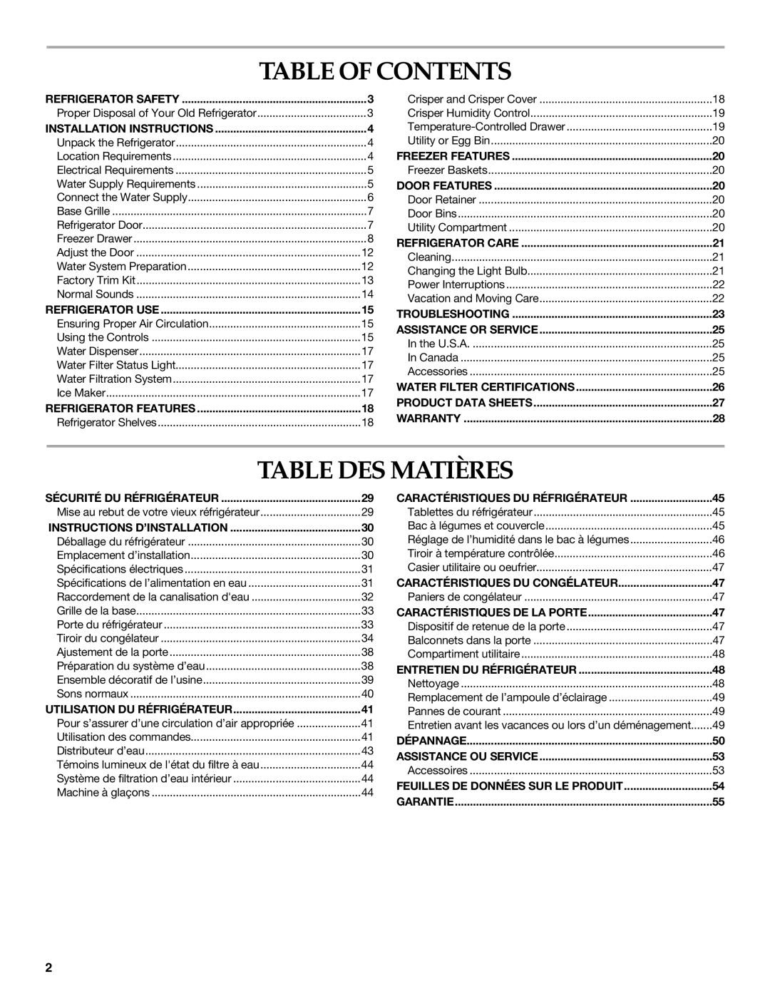 KitchenAid 2300262, 12828134 manual Table of Contents, Table DES Matières 