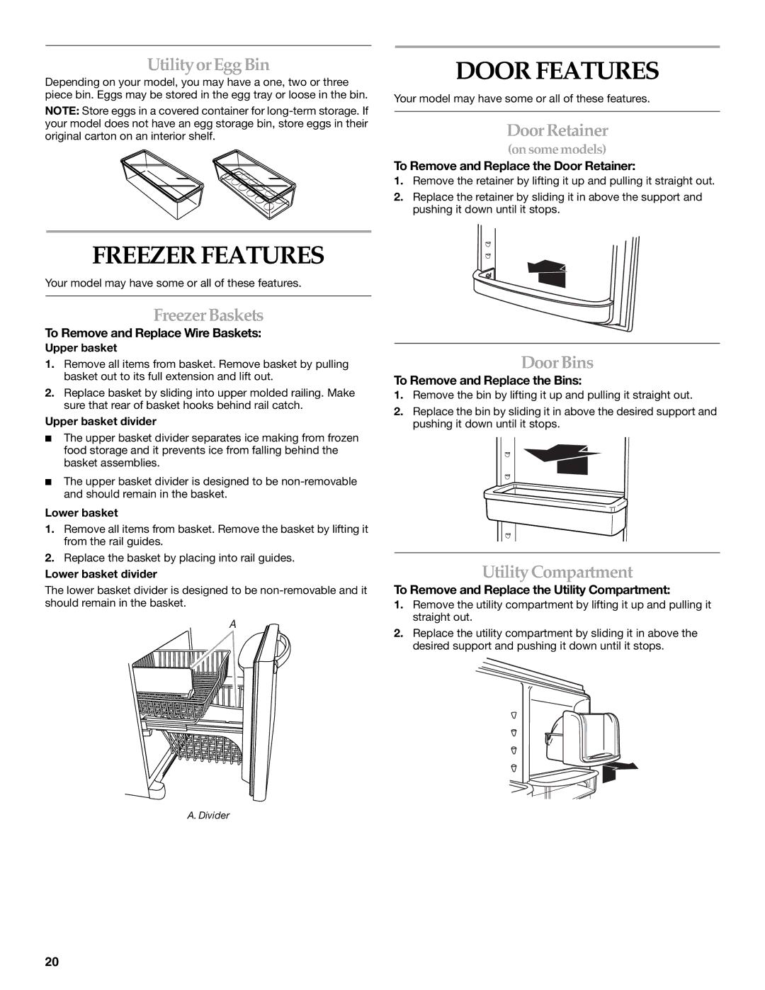 KitchenAid 2300262, 12828134 manual Door Features, Freezer Features 