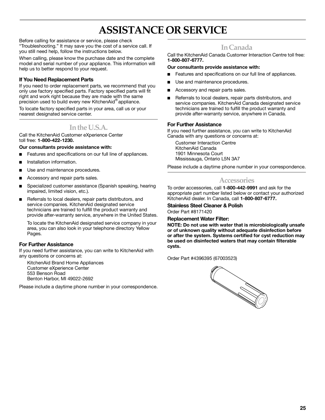 KitchenAid 12828134, 2300262 manual Assistance or Service, Canada, U.S.A, Accessories 