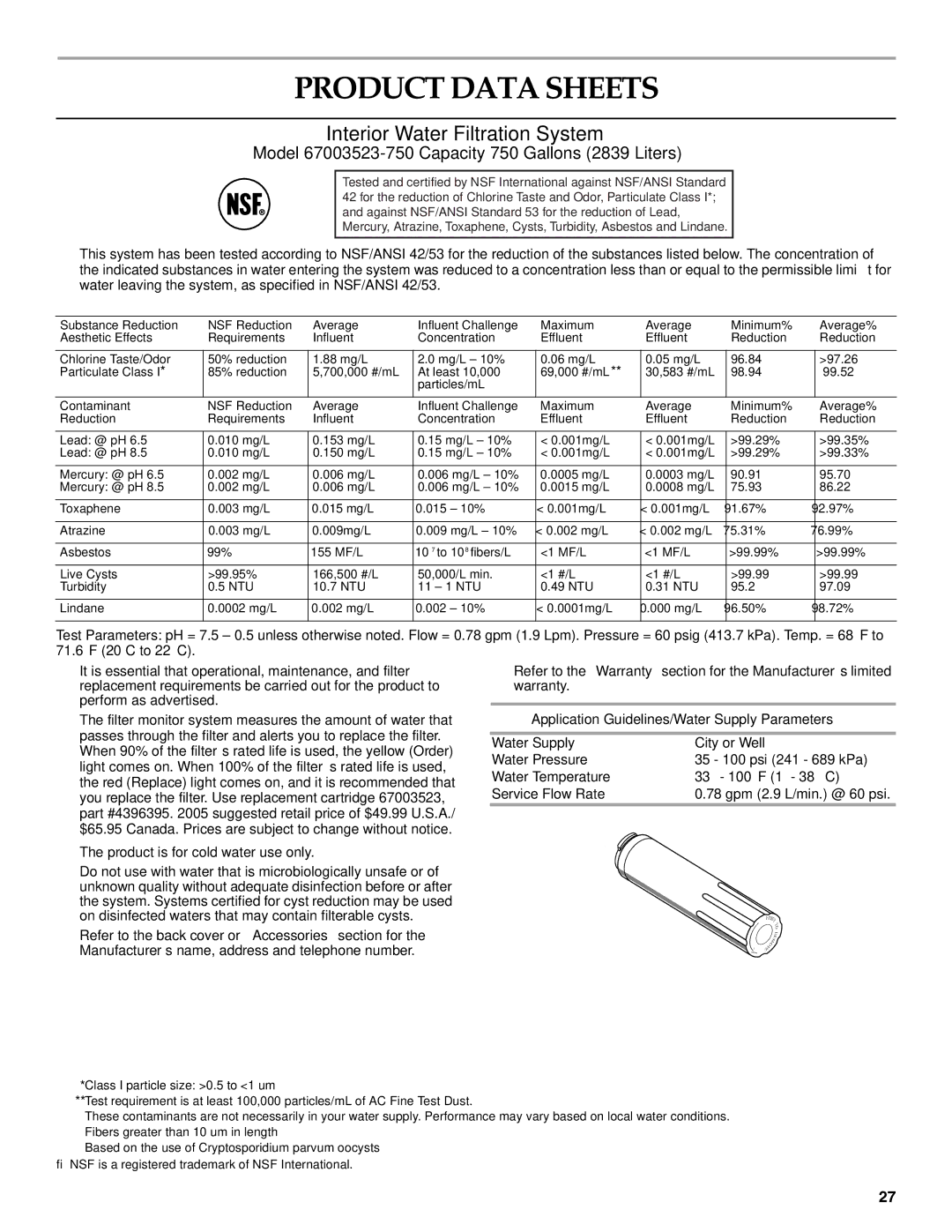 KitchenAid 12828134, 2300262 manual Product Data Sheets, Application Guidelines/Water Supply Parameters 