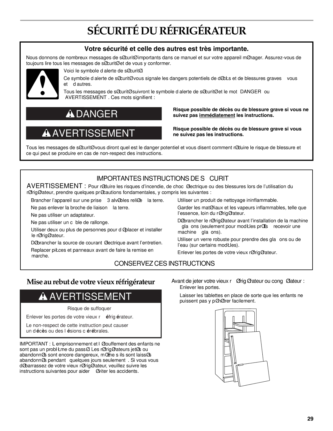 KitchenAid 12828134, 2300262 manual Sécurité DU Réfrigérateur, Avant de jeter votre vieux réfrigérateur ou congélateur 