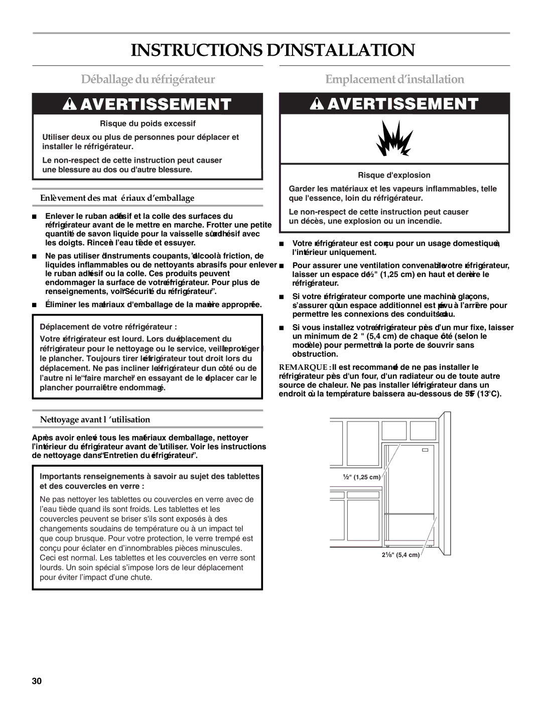 KitchenAid 2300262, 12828134 manual Instructions D’INSTALLATION, Déballage du réfrigérateur, Emplacement d’installation 