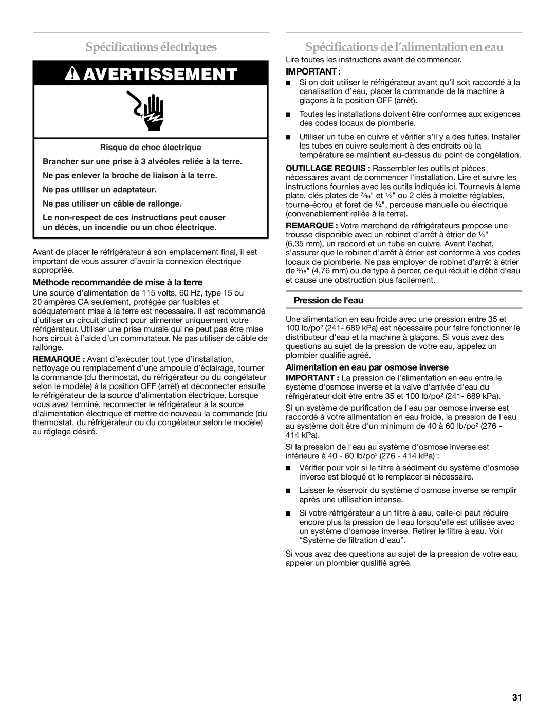 KitchenAid 12828134, 2300262 manual Spécifications électriques, Spécifications de l’alimentation en eau, Pression de leau 