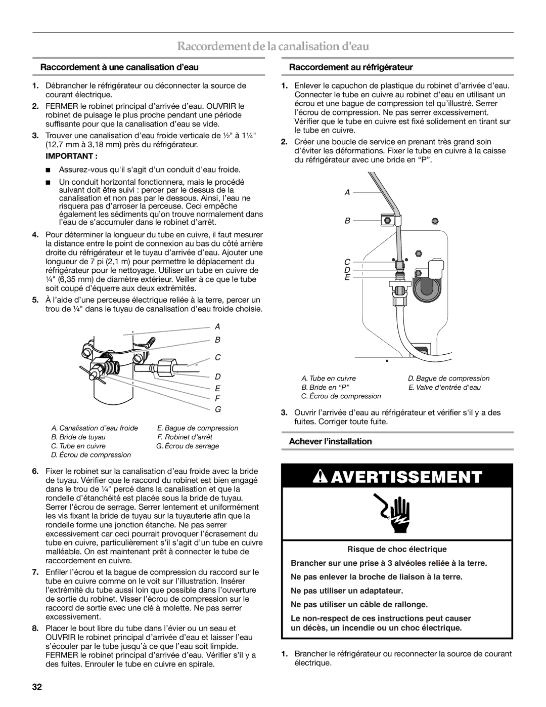 KitchenAid 2300262 Raccordementde la canalisation deau, Raccordement à une canalisation d’eau, Achever l’installation 