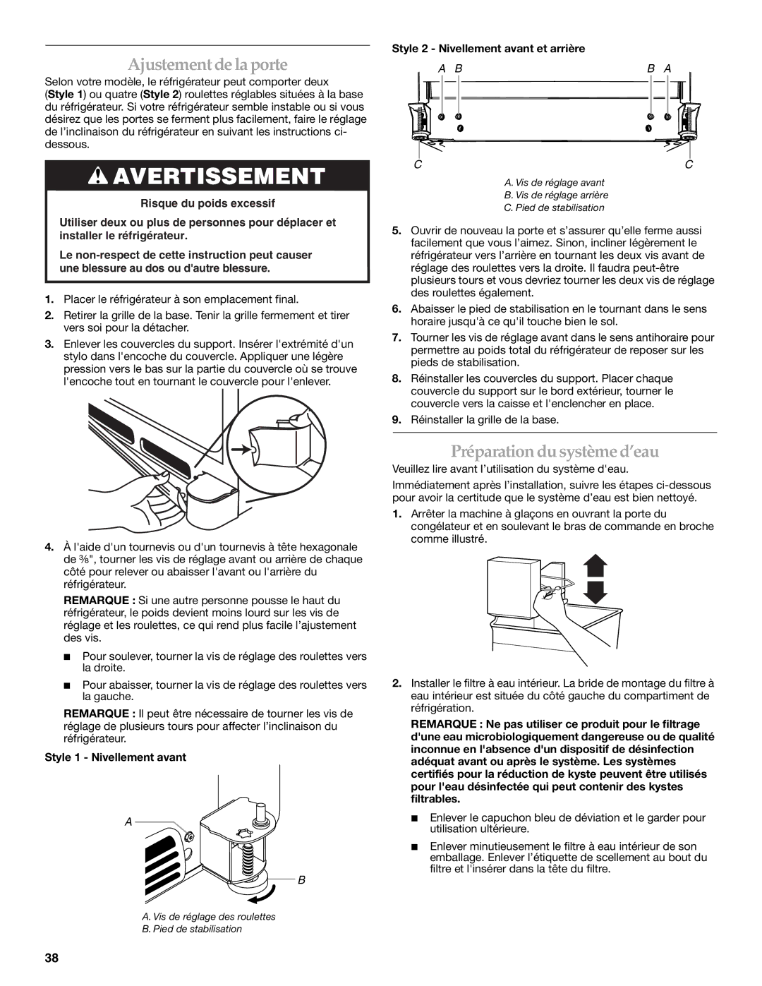 KitchenAid 2300262, 12828134 manual Ajustementde la porte, Préparation du système d’eau, Style 1 Nivellement avant 