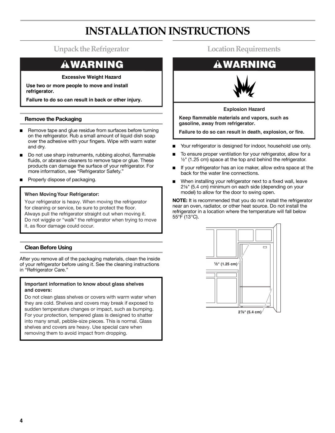 KitchenAid 2300262 manual Installation Instructions, Unpack the Refrigerator, Location Requirements, Remove the Packaging 