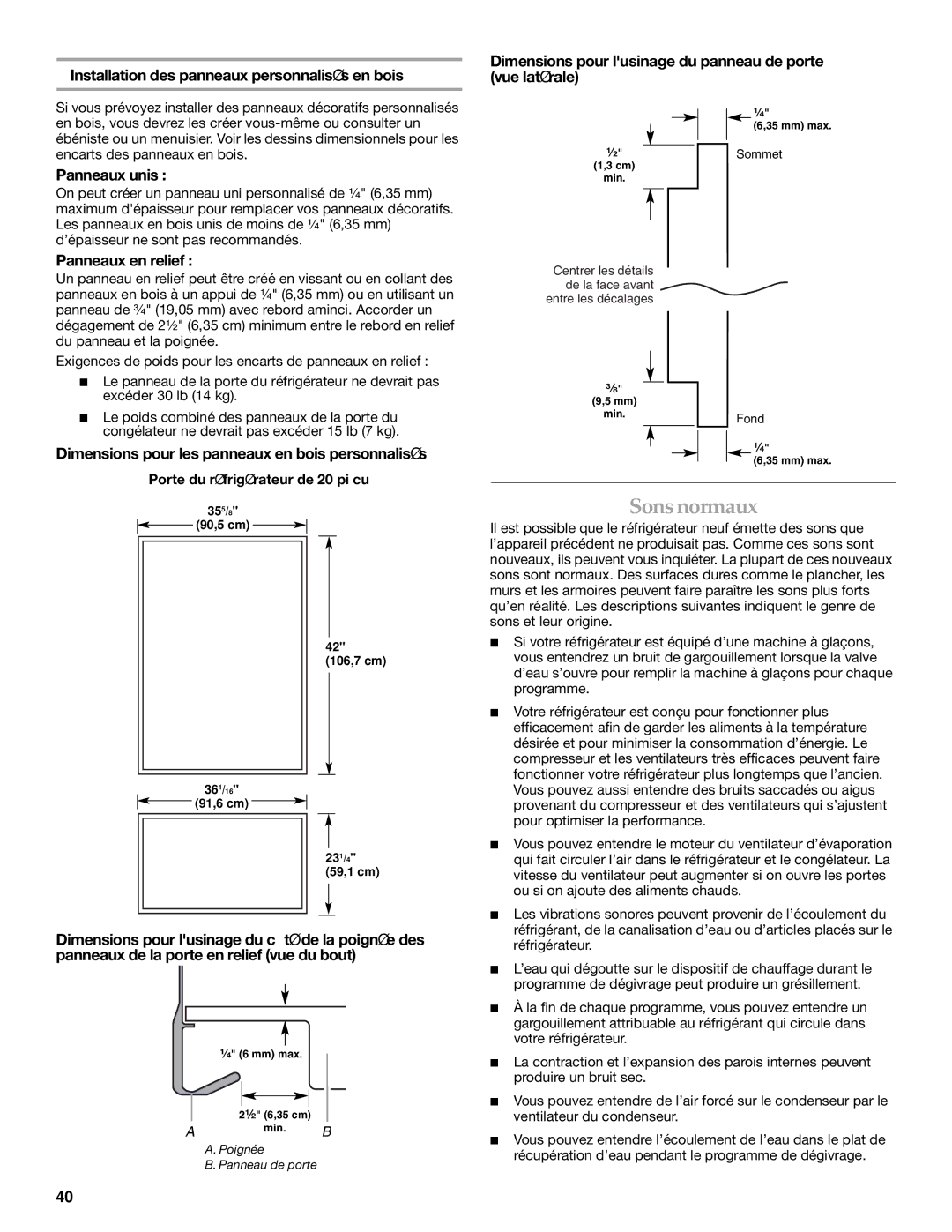 KitchenAid 2300262 Sons normaux, Panneaux unis, Panneaux en relief, Dimensions pour les panneaux en bois personnalisés 