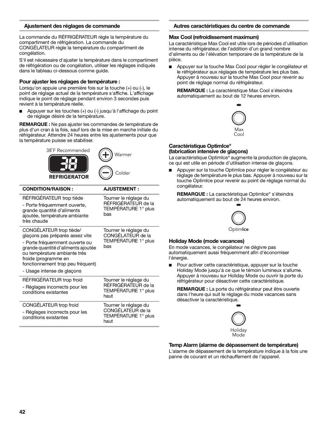 KitchenAid 2300262, 12828134 manual Ajustement des réglages de commande, Pour ajuster les réglages de température 