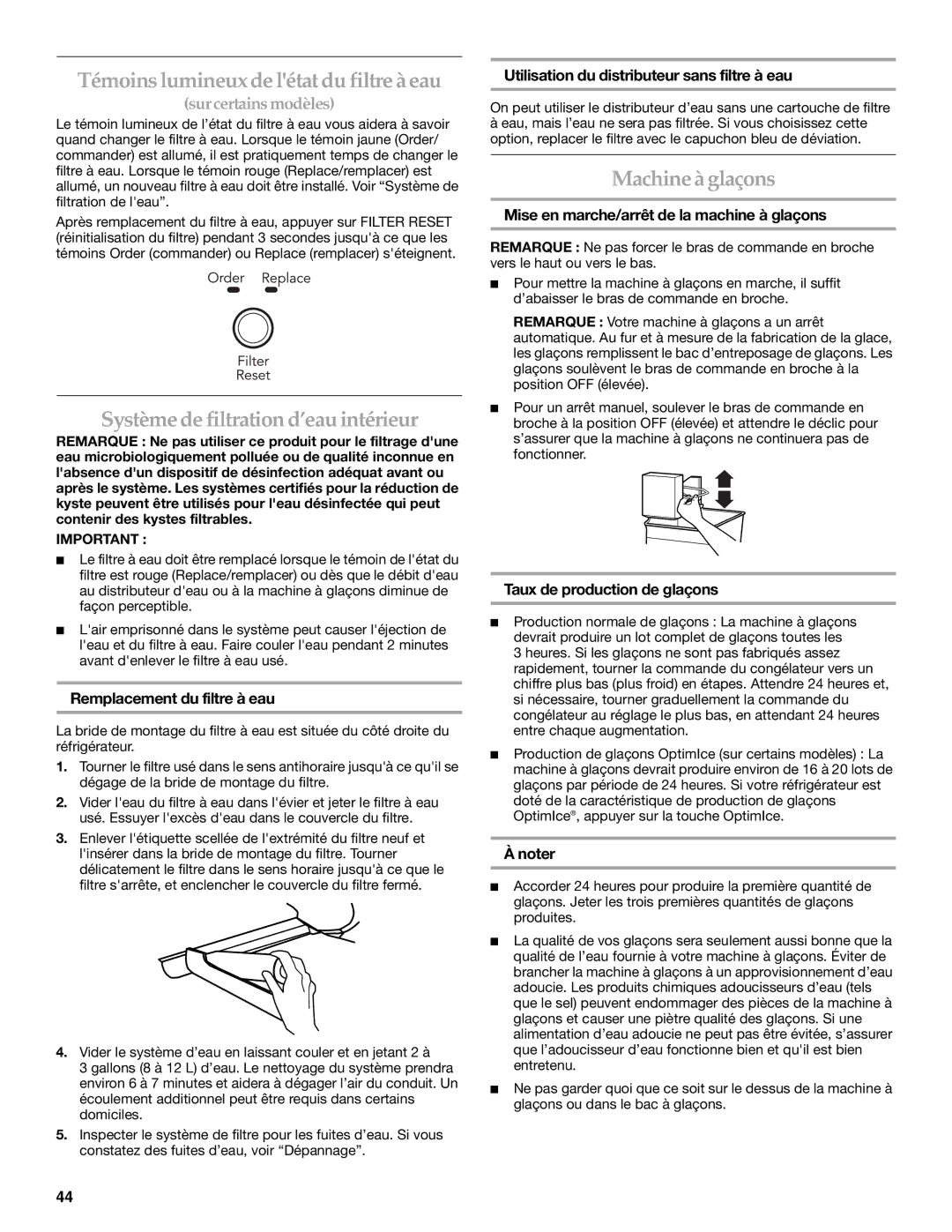 KitchenAid 2300262 Témoins lumineux de létat du filtre à eau, Système de filtration d’eau intérieur, Machine à glaçons 