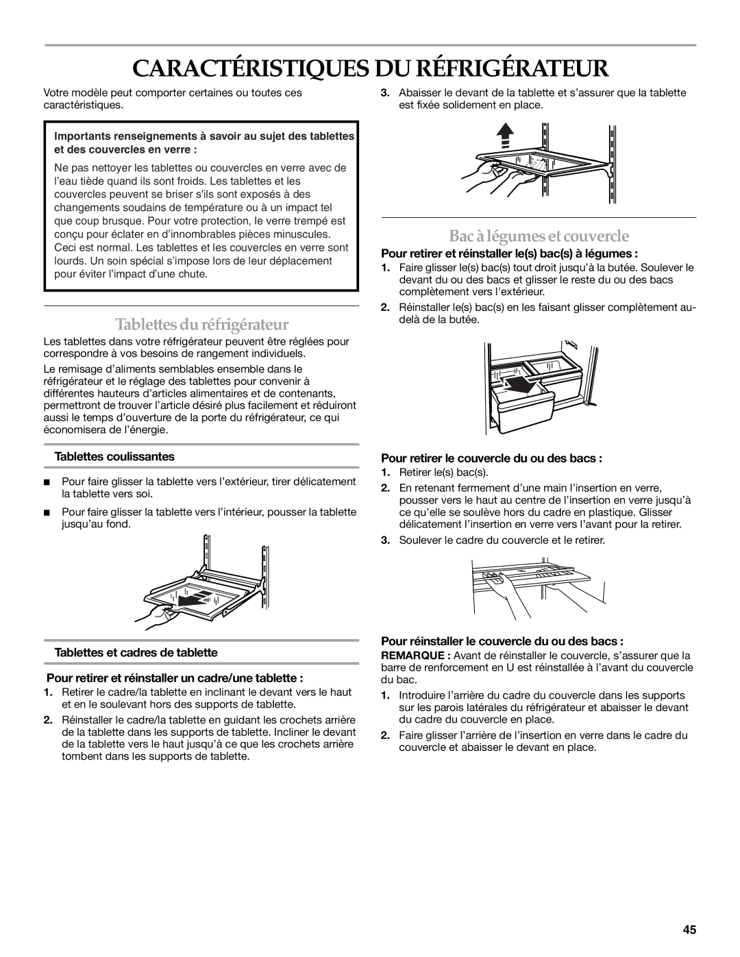 KitchenAid 12828134, 2300262 manual Caractéristiques DU Réfrigérateur, Tablettesdu réfrigérateur, Bac à légumeset couvercle 