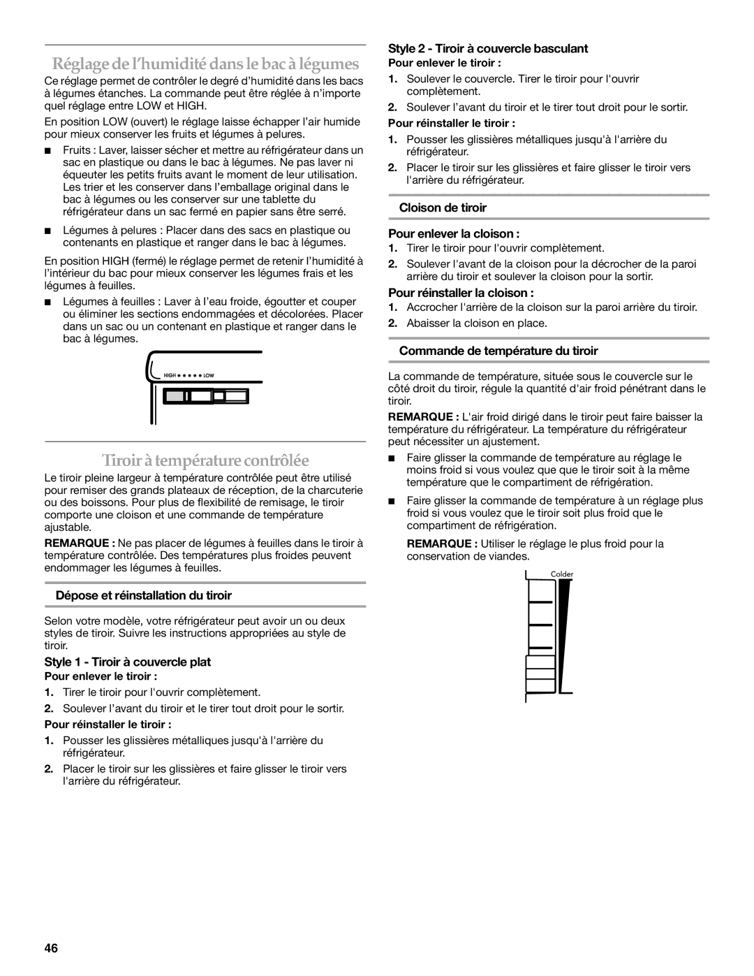 KitchenAid 2300262, 12828134 manual Réglage de l’humidité dansle bac à légumes, Tiroir à température contrôlée 