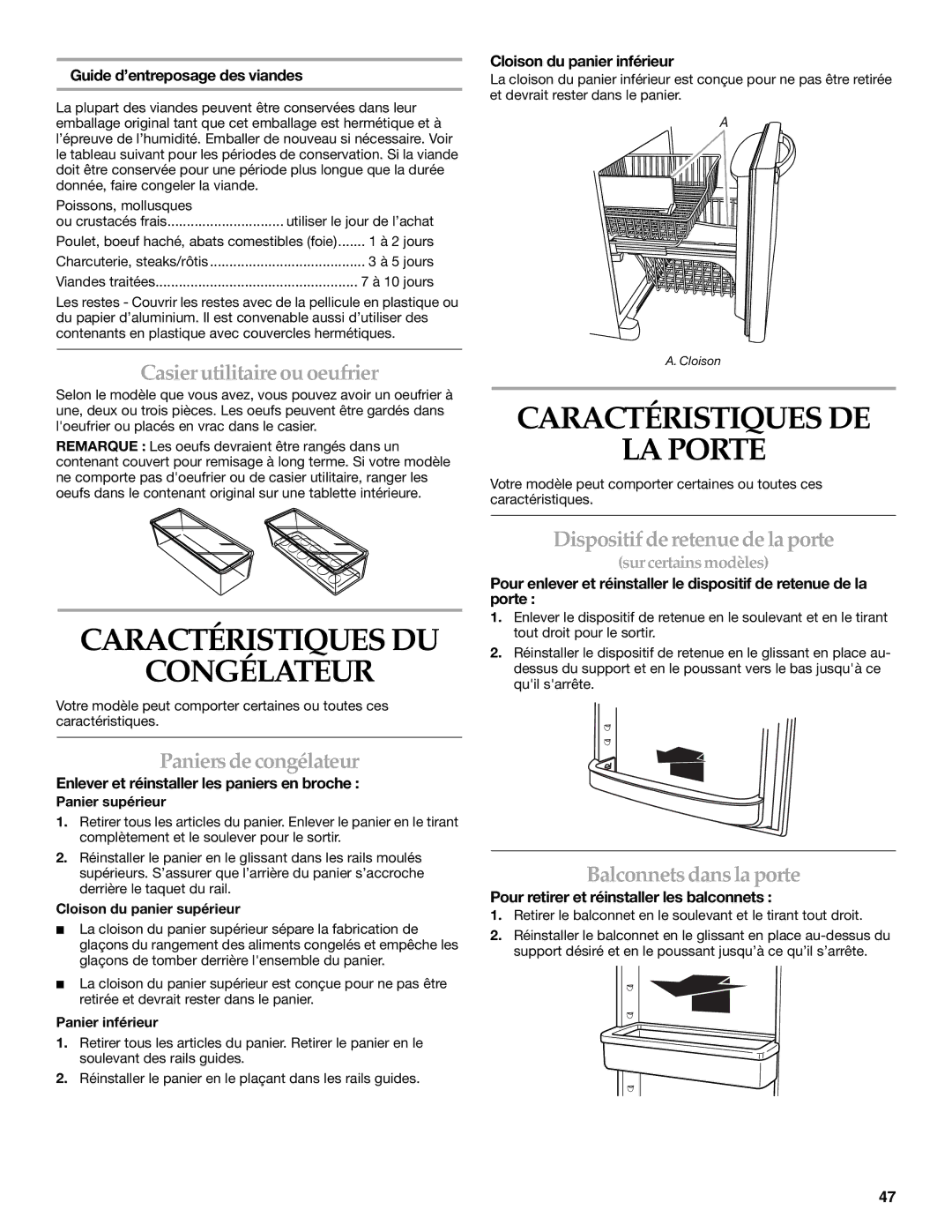 KitchenAid 12828134, 2300262 manual Caractéristiques DE LA Porte, Caractéristiques DU Congélateur 