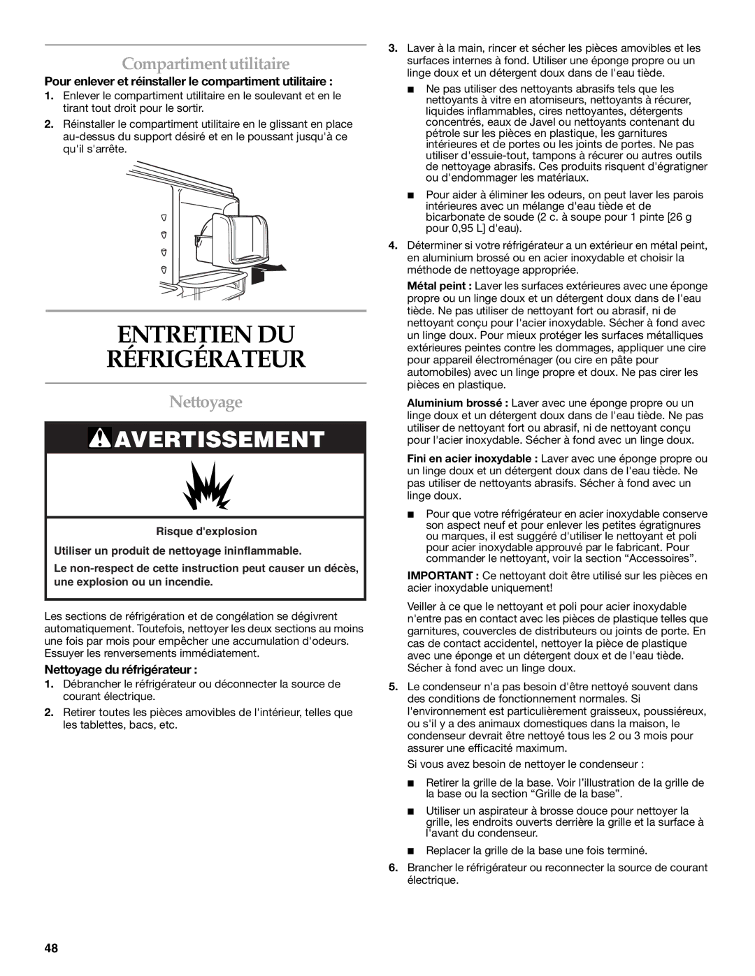 KitchenAid 2300262, 12828134 manual Entretien DU Réfrigérateur, Compartimentutilitaire, Nettoyage du réfrigérateur 