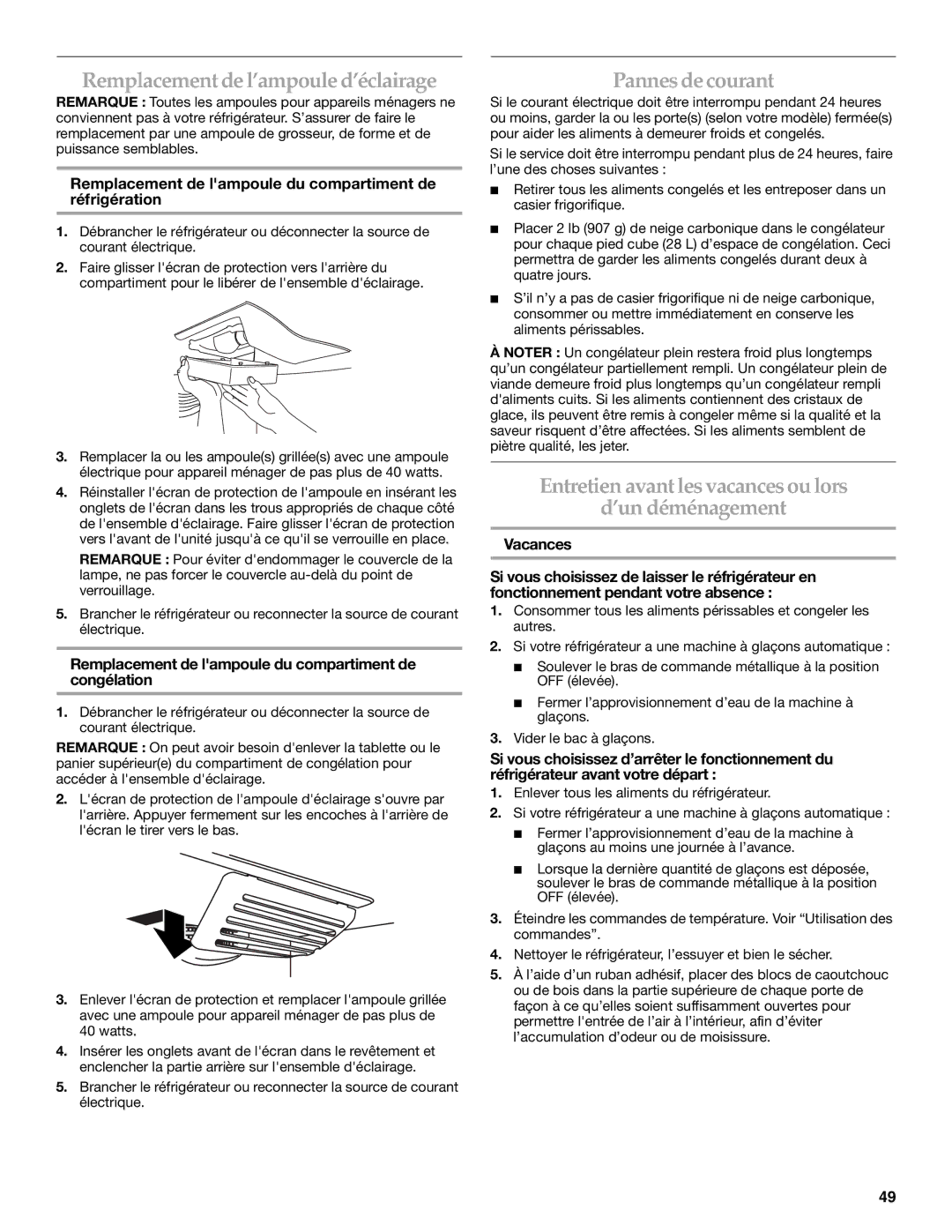 KitchenAid 12828134, 2300262 manual Remplacement de l’ampoule d’éclairage, Pannes de courant 