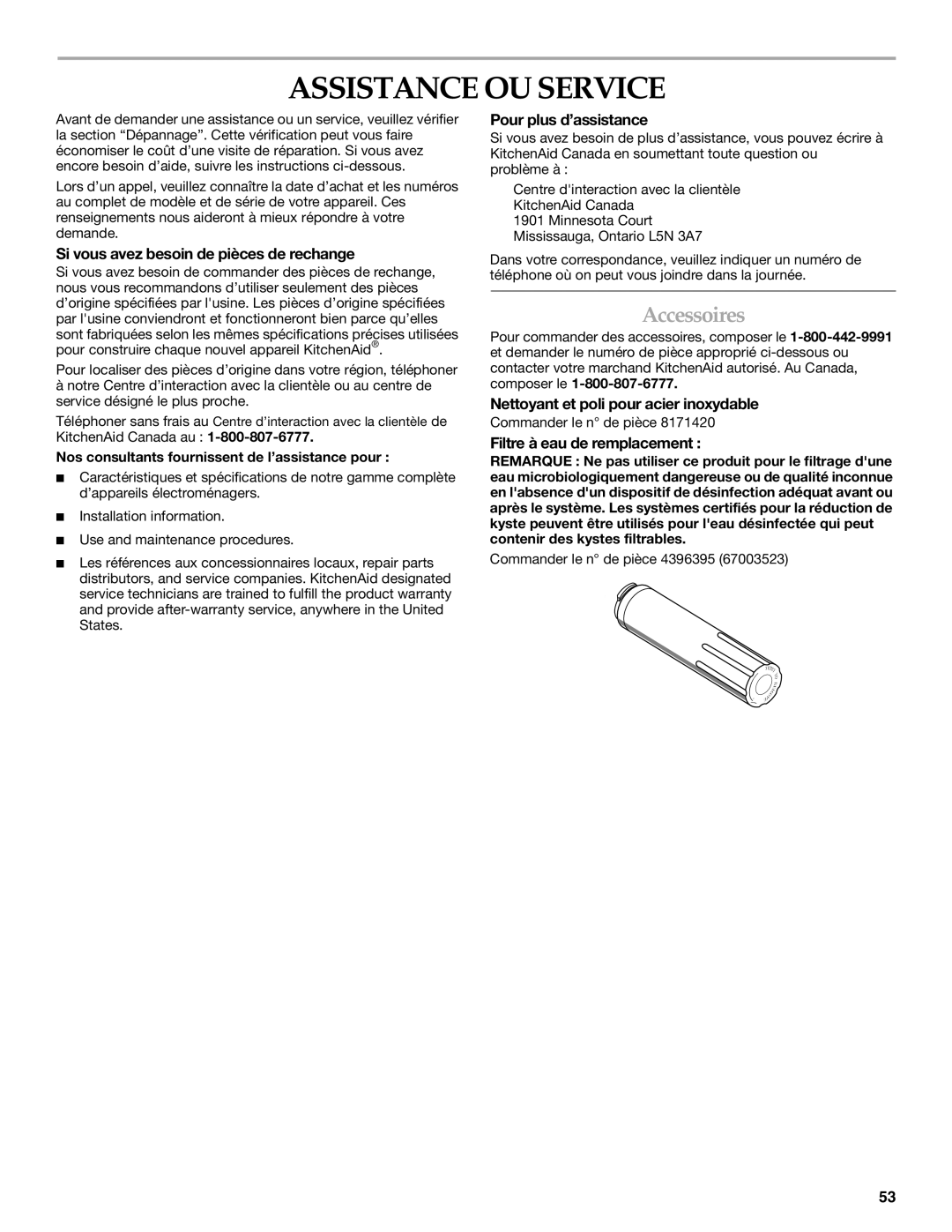 KitchenAid 12828134, 2300262 manual Assistance OU Service, Accessoires 