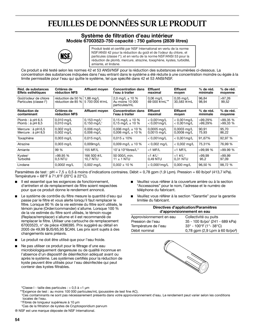 KitchenAid 2300262, 12828134 manual Feuilles DE Données SUR LE Produit, Système de filtration d’eau intérieur 