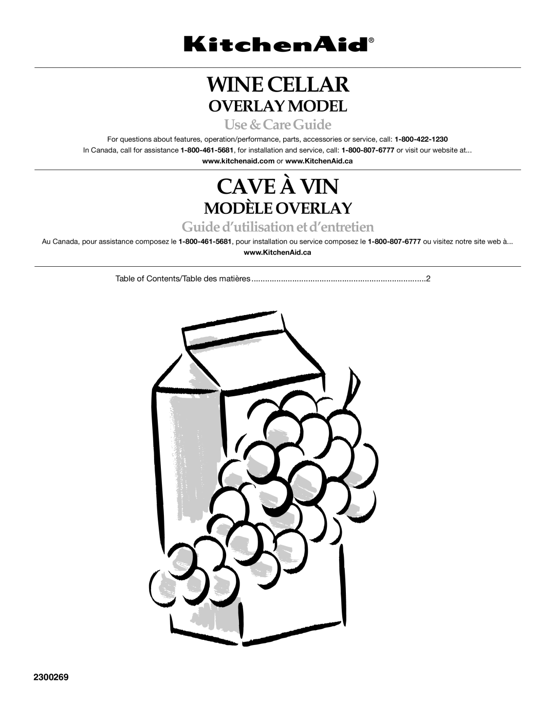 KitchenAid 2300269 manual Wine Cellar, Table of Contents/Table des matières 