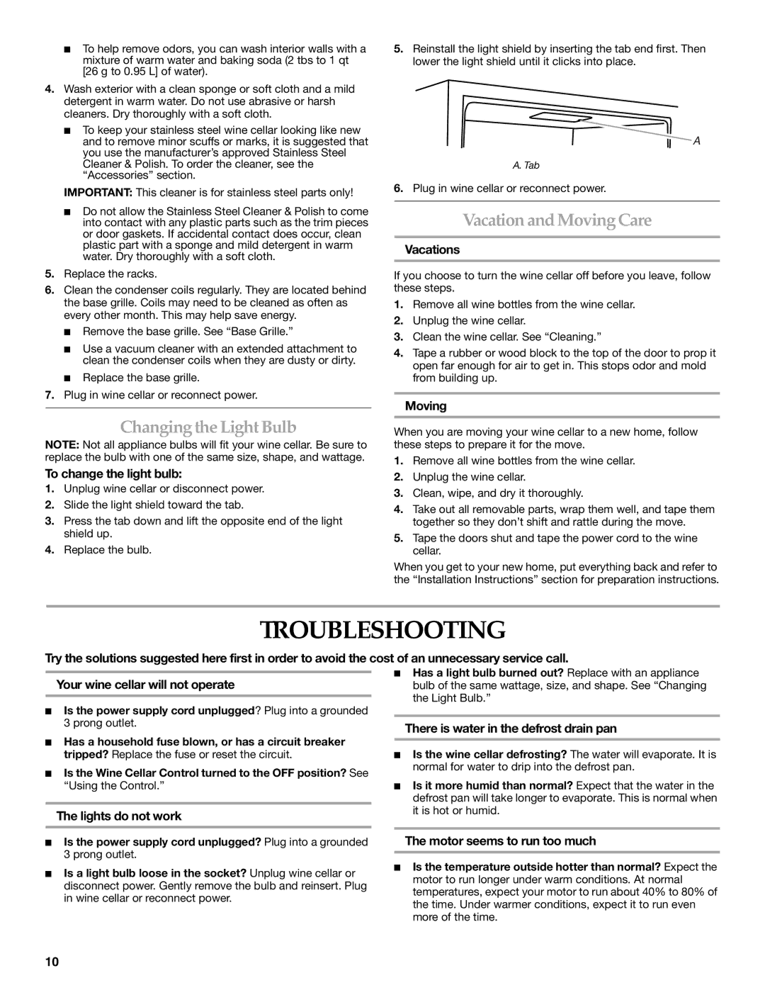 KitchenAid 2300269 manual Troubleshooting, Changing the Light Bulb, Vacation and MovingCare 