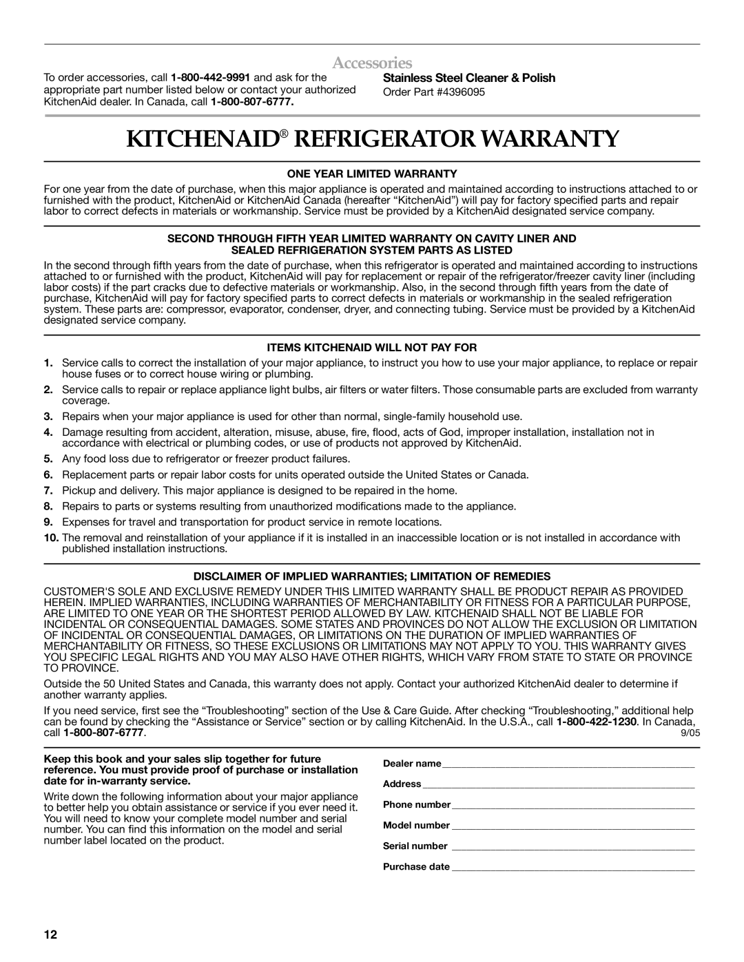 KitchenAid 2300269 manual Kitchenaid Refrigerator Warranty, Accessories, Stainless Steel Cleaner & Polish 