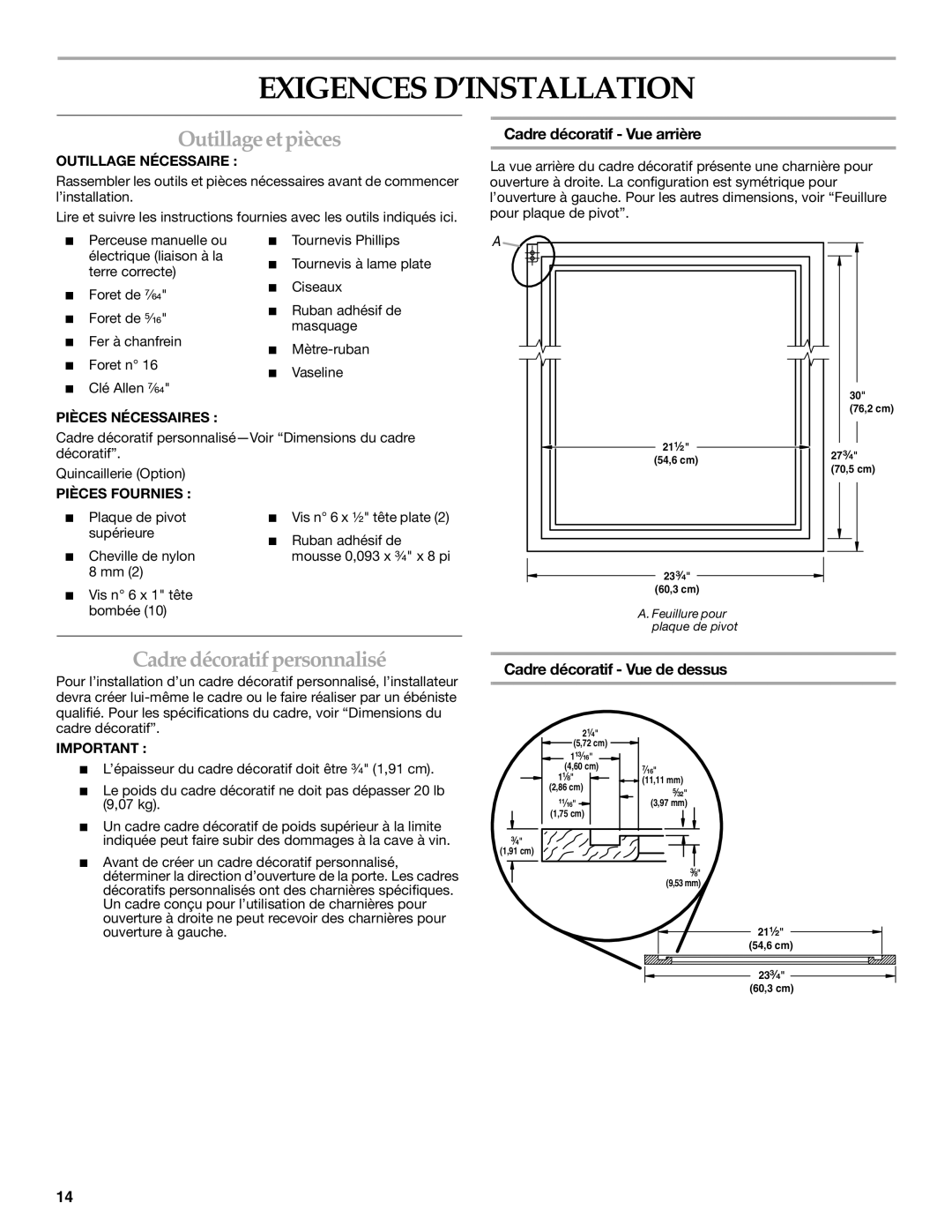 KitchenAid 2300269 Exigences D’INSTALLATION, Outillage etpièces, Cadre décoratif personnalisé, Cadre décoratif Vue arrière 