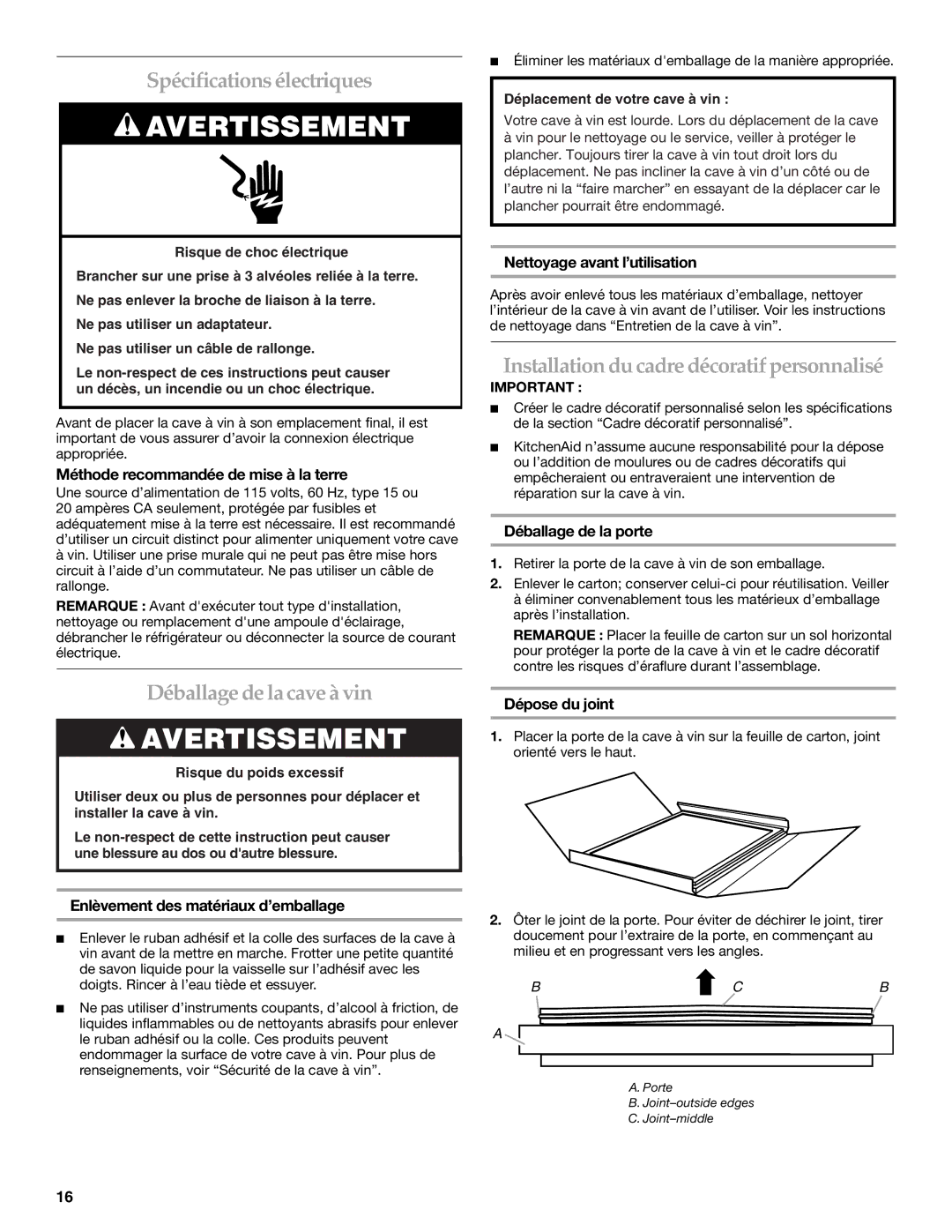 KitchenAid 2300269 Spécifications électriques, Déballage de lacave à vin, Installation du cadre décoratif personnalisé 